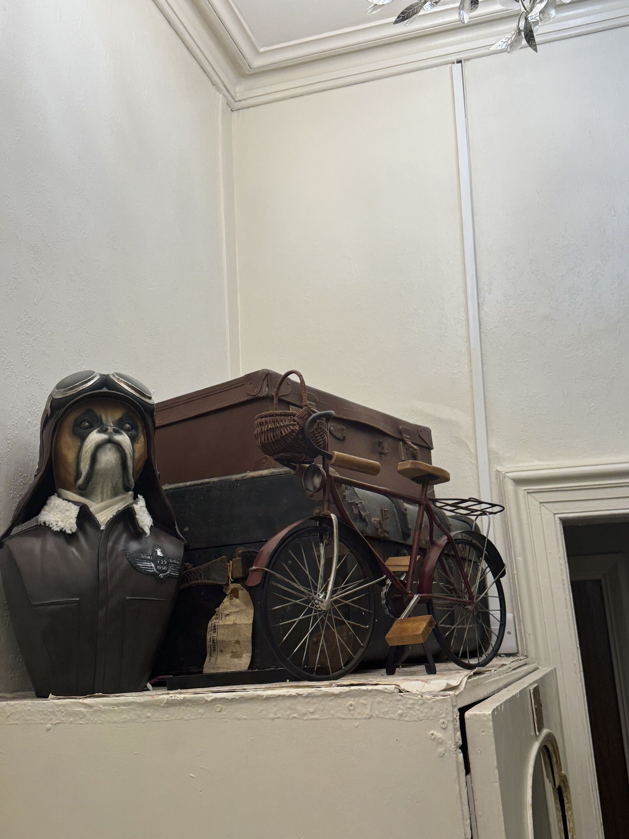 A statue of a dog wearing a pilot's cap and a leather jacket with a badge, placed on a shelf next to a vintage bicycle with a basket and a small bag.