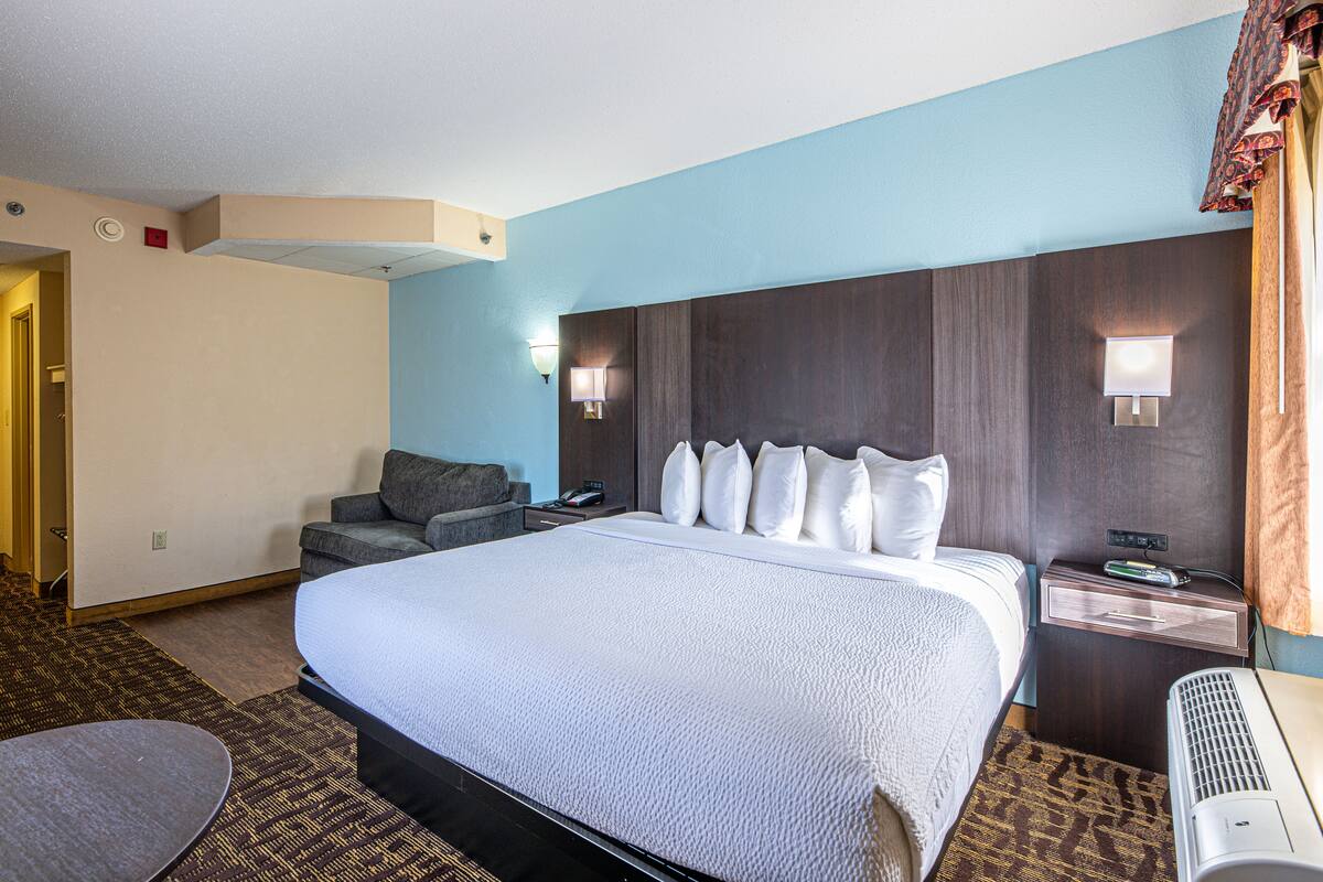 A hotel room with a large bed, a sofa, a desk, and a wall-mounted heater.
