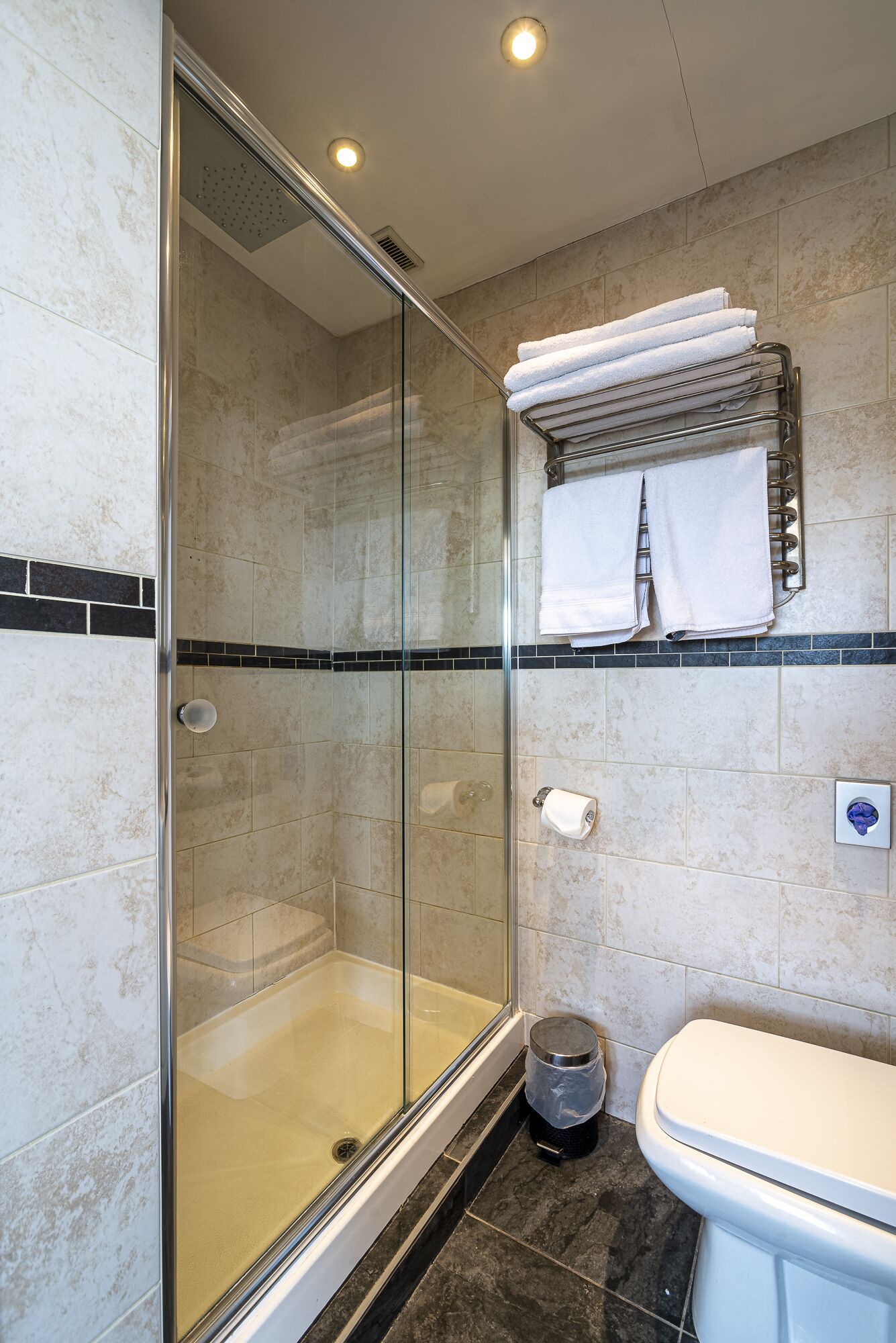 Une salle de bain avec une douche à parois de verre, des toilettes et un porte-serviettes avec des serviettes pliées.