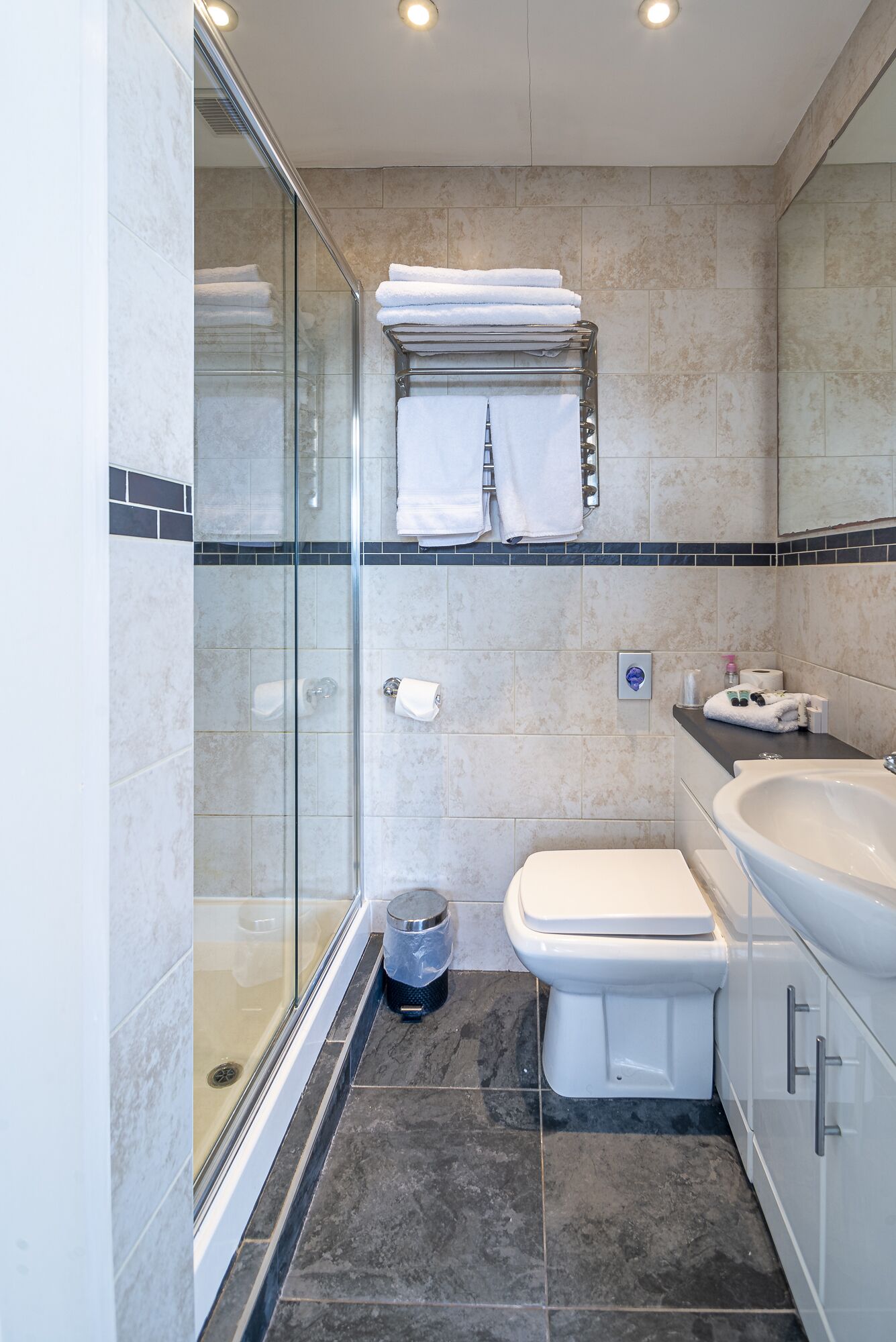 A modern bathroom with a glass shower enclosure, a toilet, and a sink.