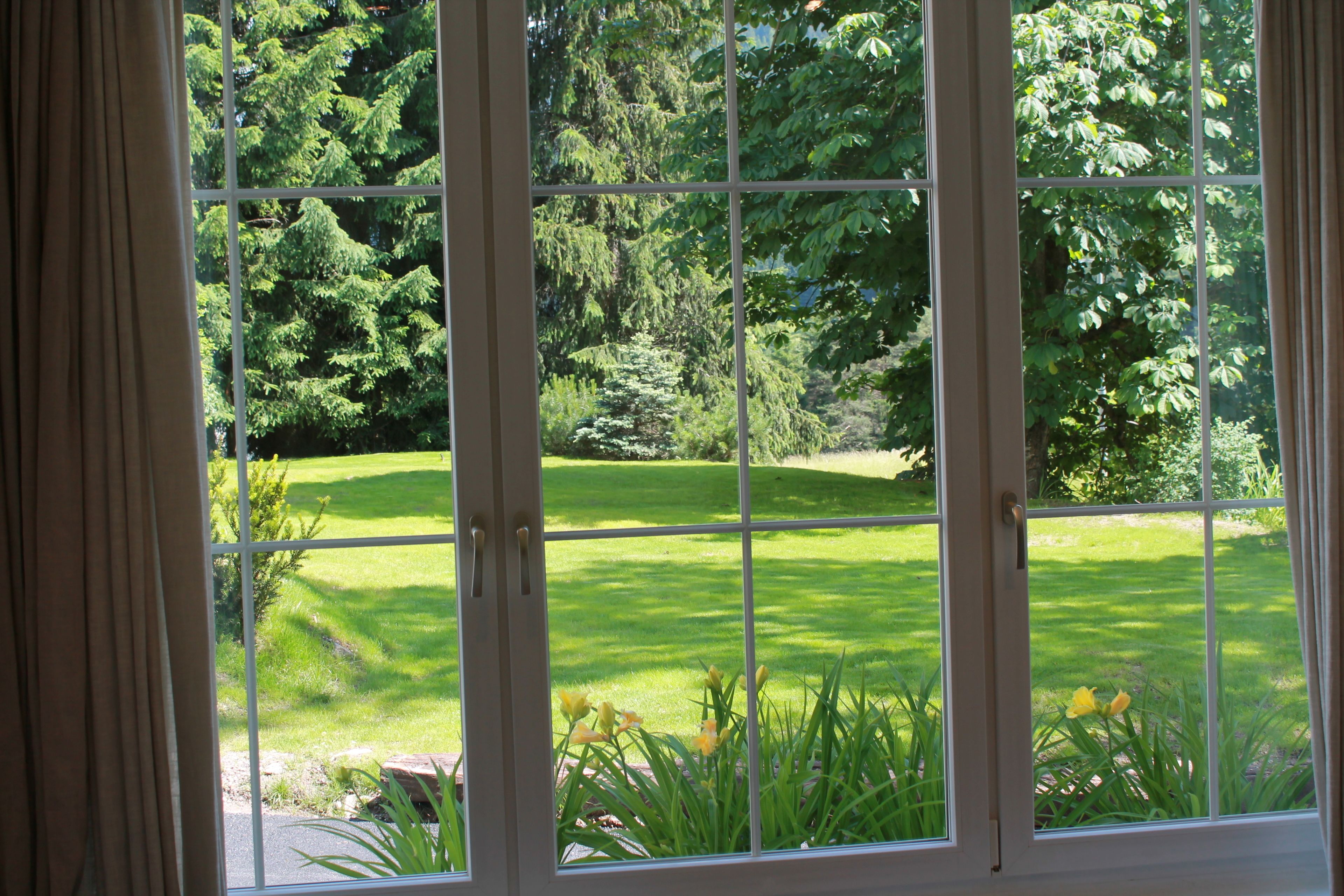 A view through a window with a view of a well-maintained lawn and trees.