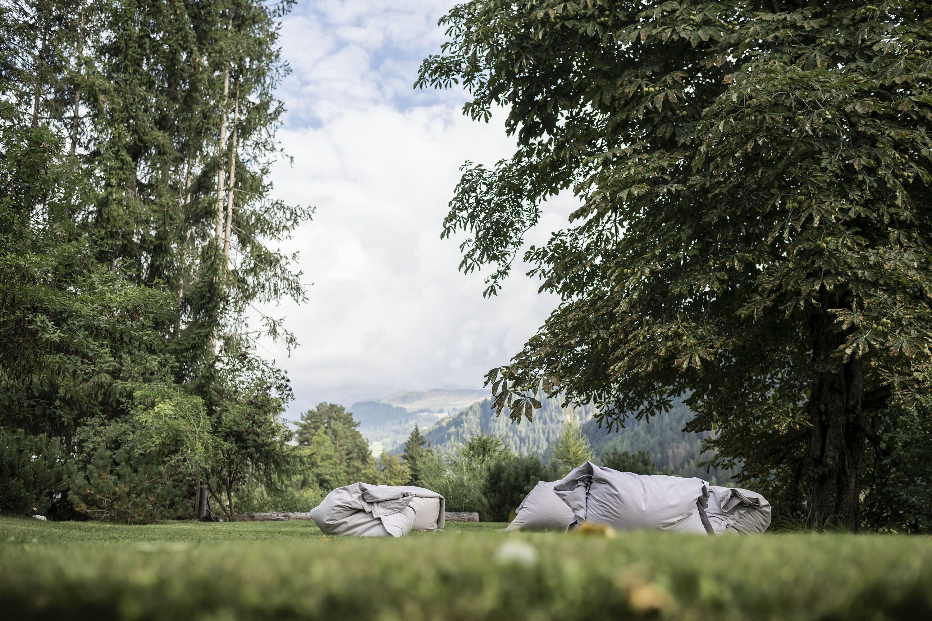 Una carpa montada en un campo cubierto de hierba, con árboles y montañas al fondo.