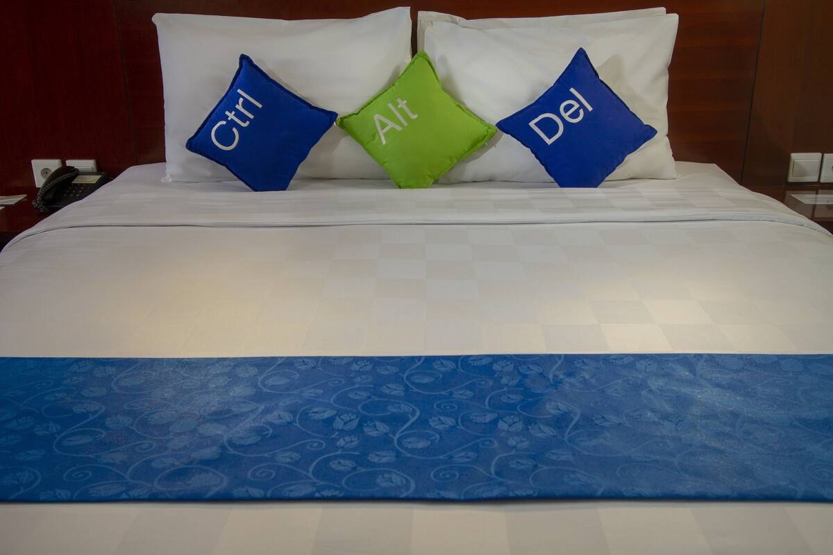 A bed with a blue bedspread and pillows labeled "Ctrl," "Alt," and "Del."