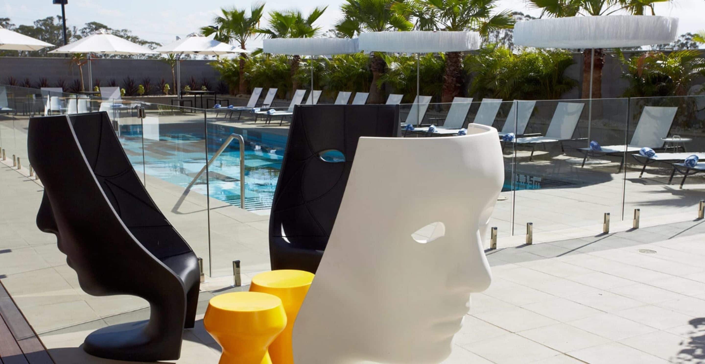 outdoor pool, pool umbrellas, pool loungers