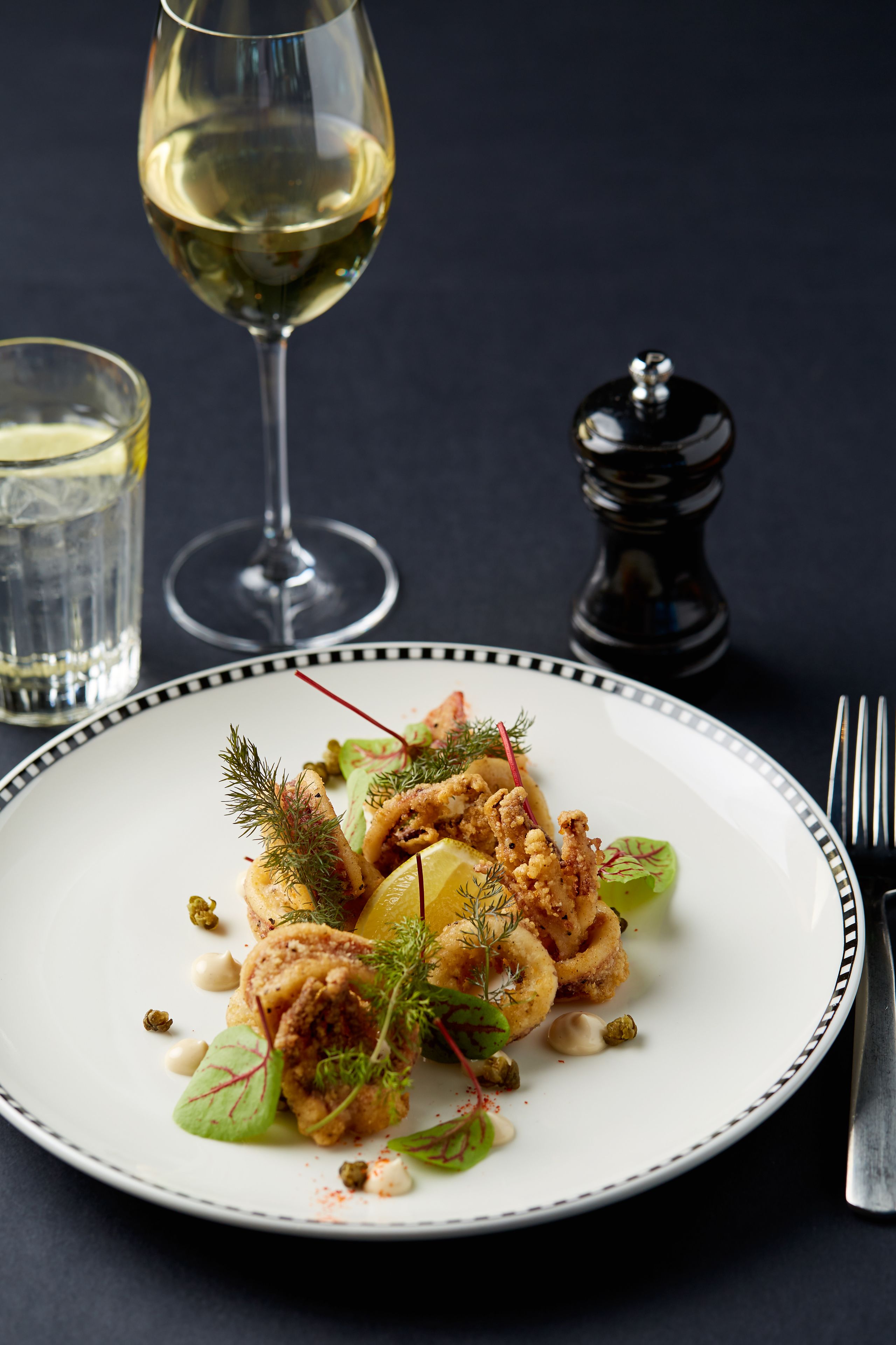 A plate of food with a glass of white wine and a salt shaker on a dark surface.