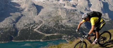 A mountain biker on a trail with a lake and mountains in the background.