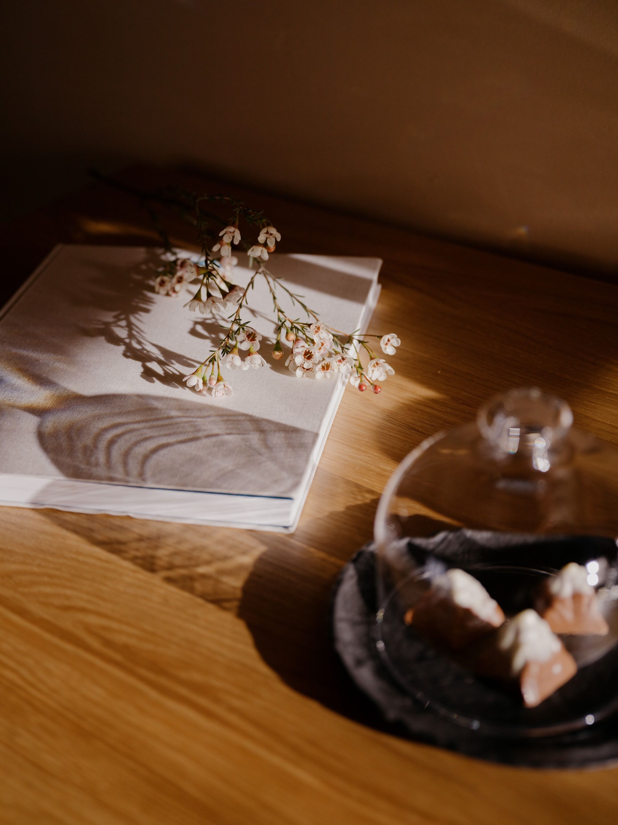 Ein Holztisch mit einem Buch, einer Glaskuppel und einem Zweig mit weißen Blüten.