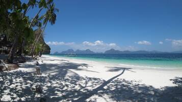 Una playa con arena blanca, agua azul cristalina y palmeras.