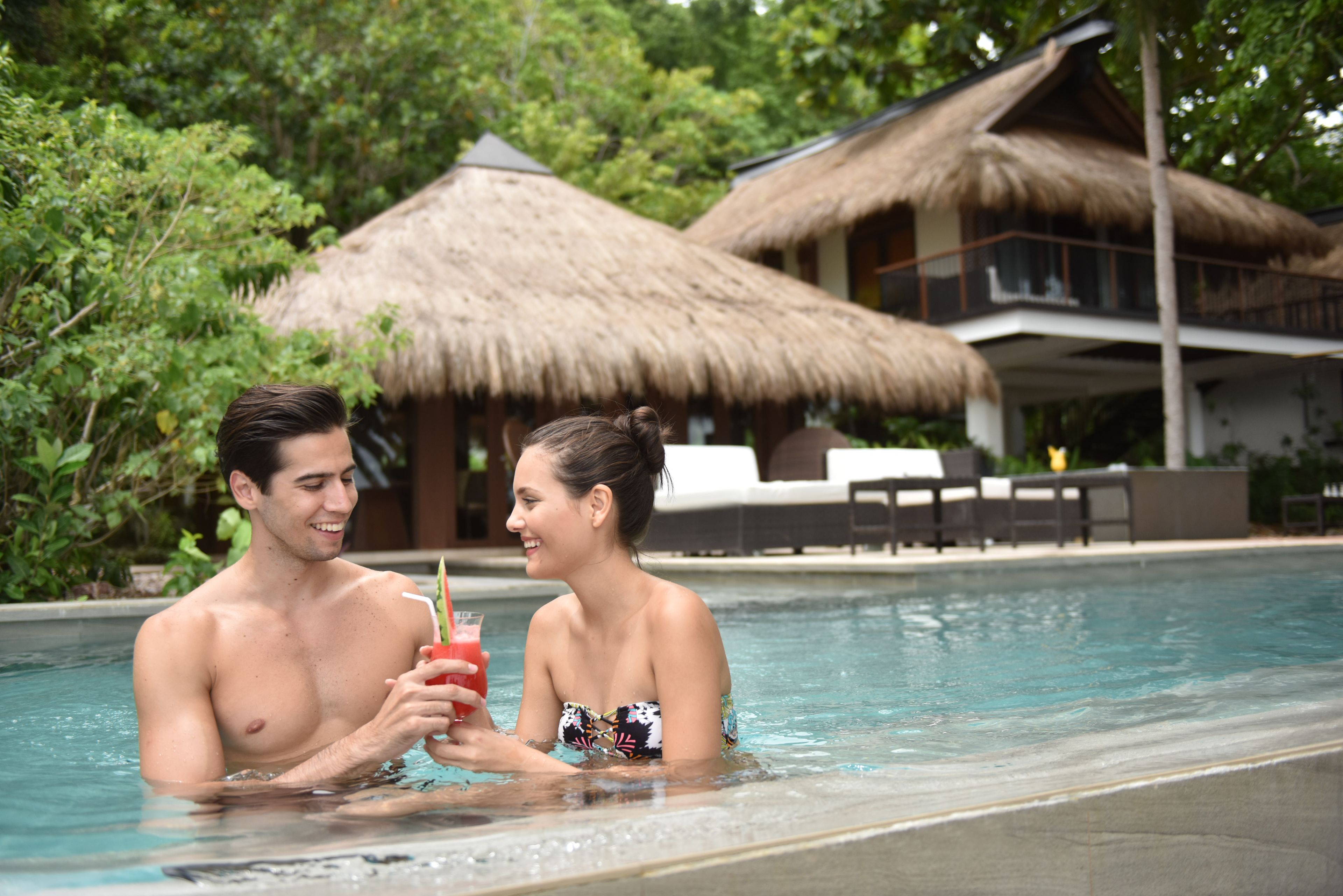 outdoor pool, pool umbrellas, pool loungers