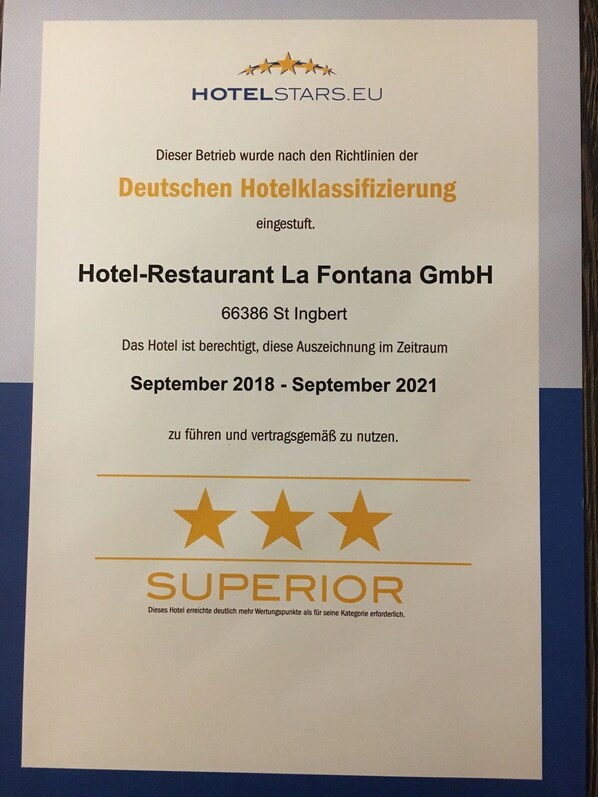 A hotel classification certificate for Hotel-Restaurant La Fontana GmbH, indicating it is a Superior category hotel. - Hotel La Fontana Costanzo (Sankt Ingbert)