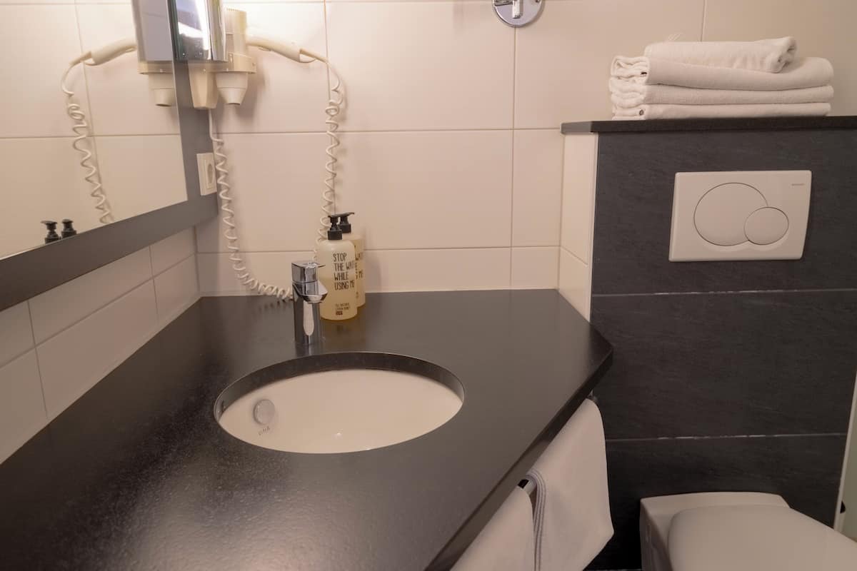 shower, eco-friendly toiletries, hair dryer, towels