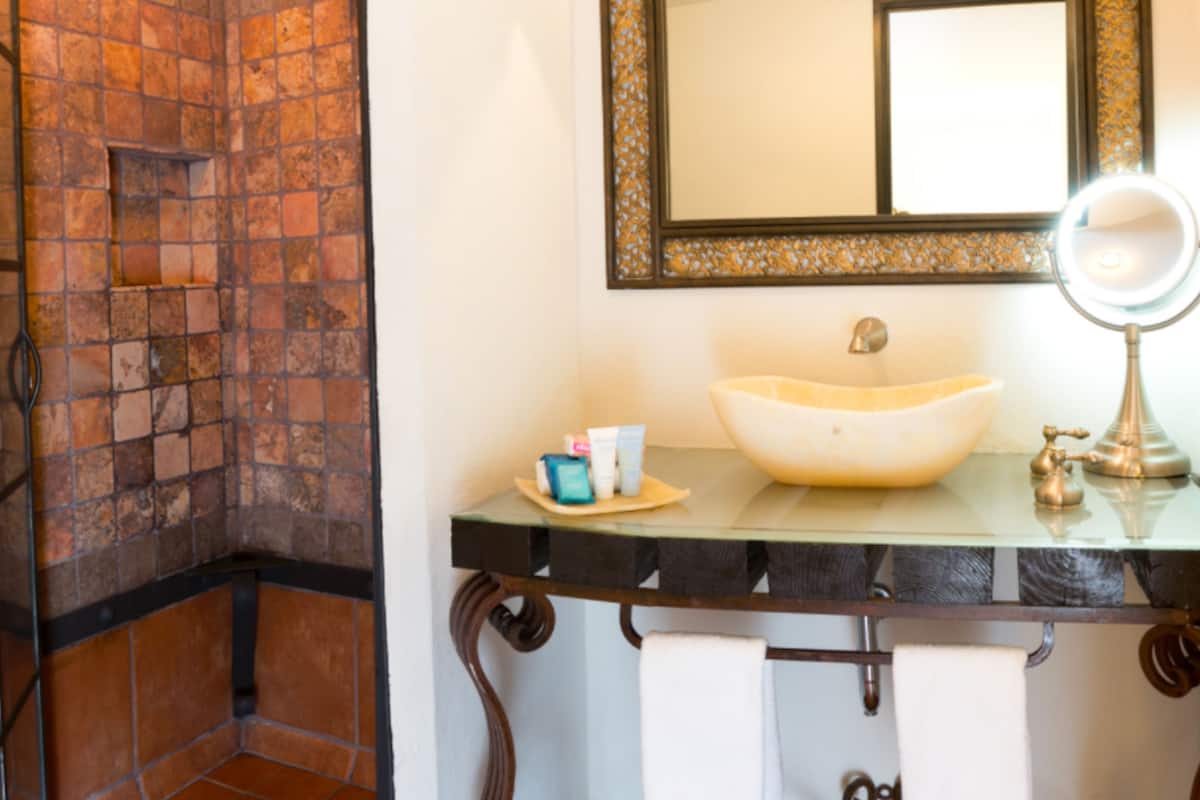 premium suite | bathroom | shower, eco-friendly toiletries, hair dryer, towels