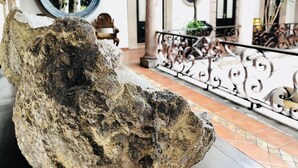 A stone sculpture in a courtyard with a metal railing, columns, and a potted plant. - HERENCIA By Hosting House (Morelia)