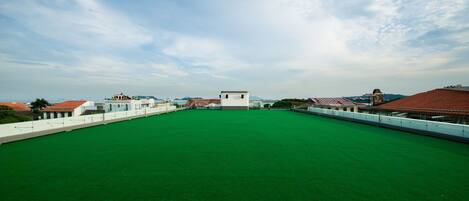 A rooftop with a green artificial turf, surrounded by buildings with red roofs.