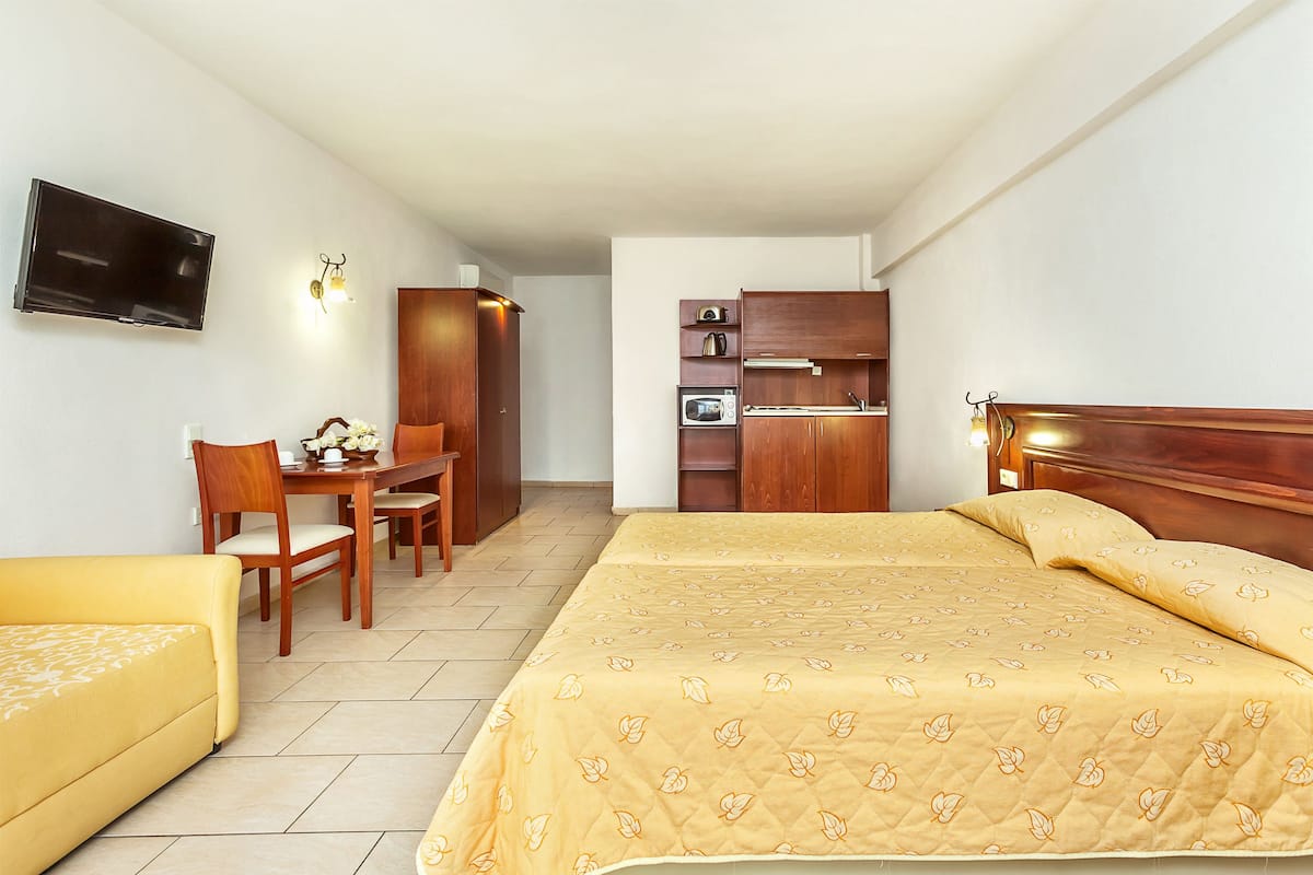 Une chambre d’hôtel équipée d’un lit, d’un bureau, d’une chaise, d’une télévision et d’une kitchenette.