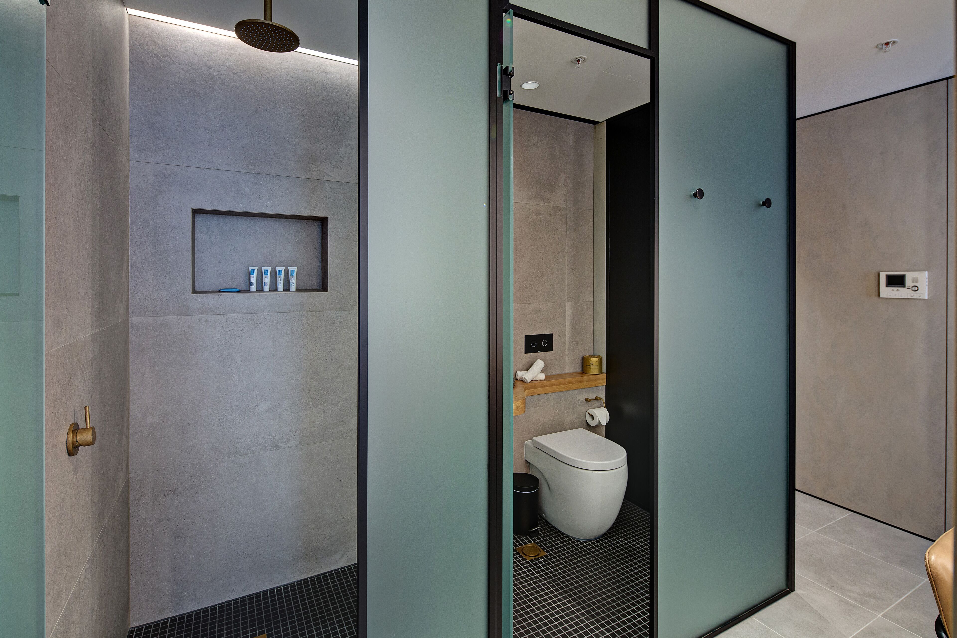 A modern bathroom with a shower, toilet, and a shelf with toiletries.