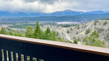 A scenic view from a balcony overlooking a valley with mountains in the background.