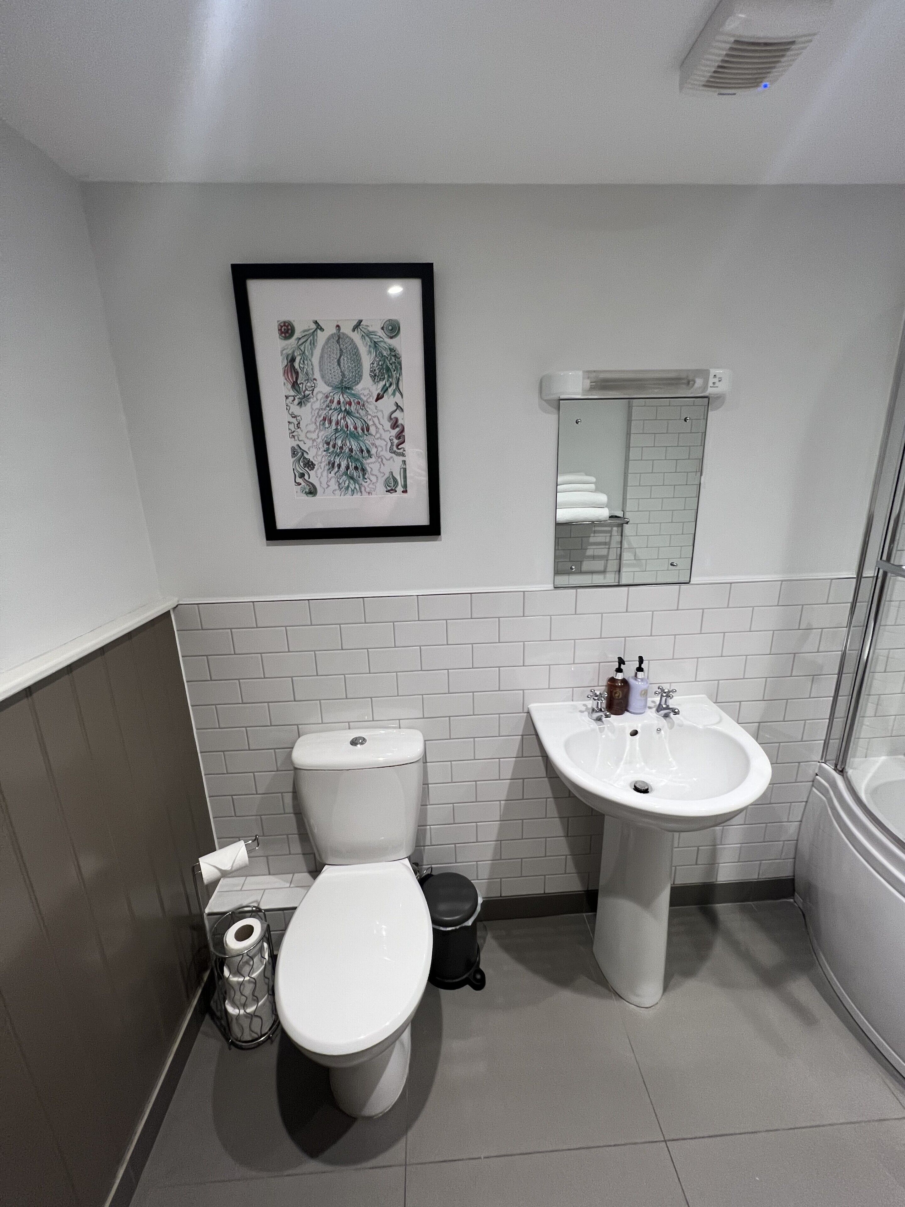 A bathroom with a toilet, sink, and mirror.