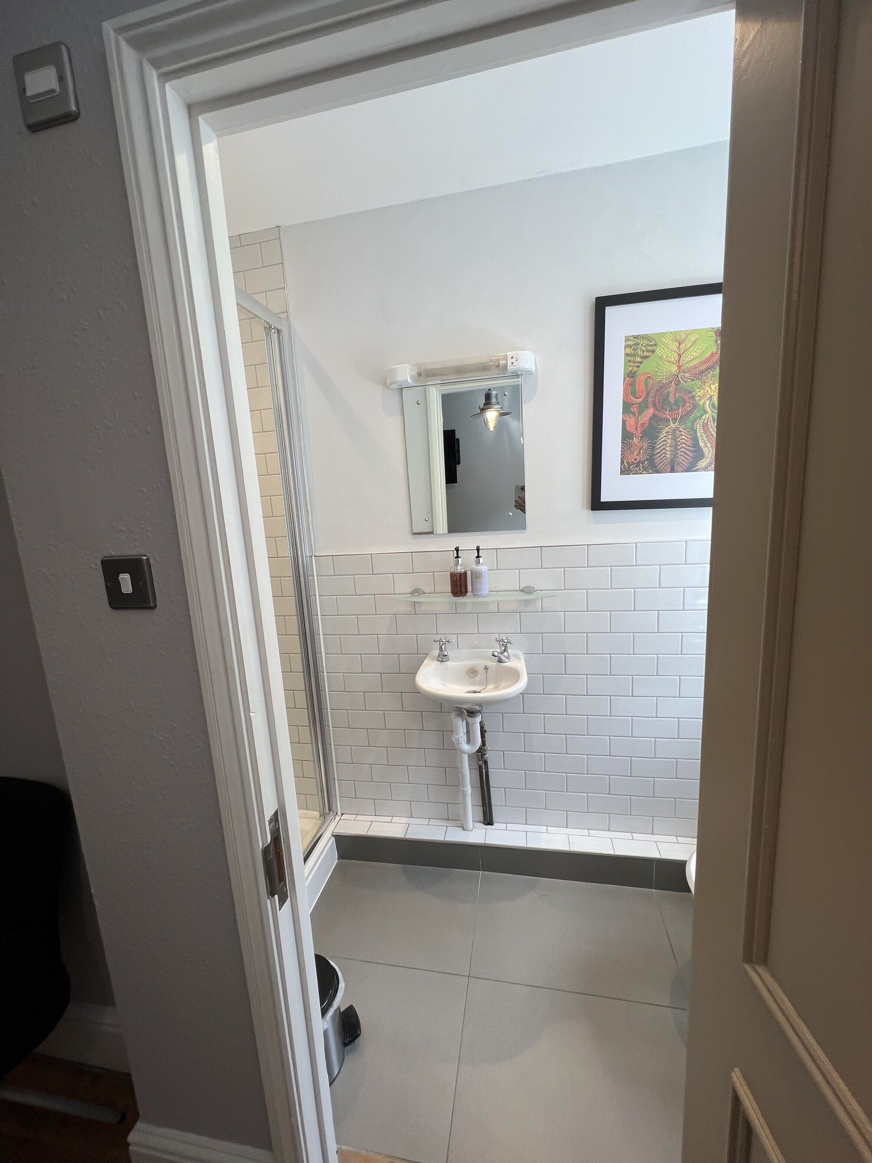 Un baño con un lavabo blanco, un espejo y una ducha.