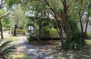 A pathway leading to a house surrounded by lush greenery and trees.