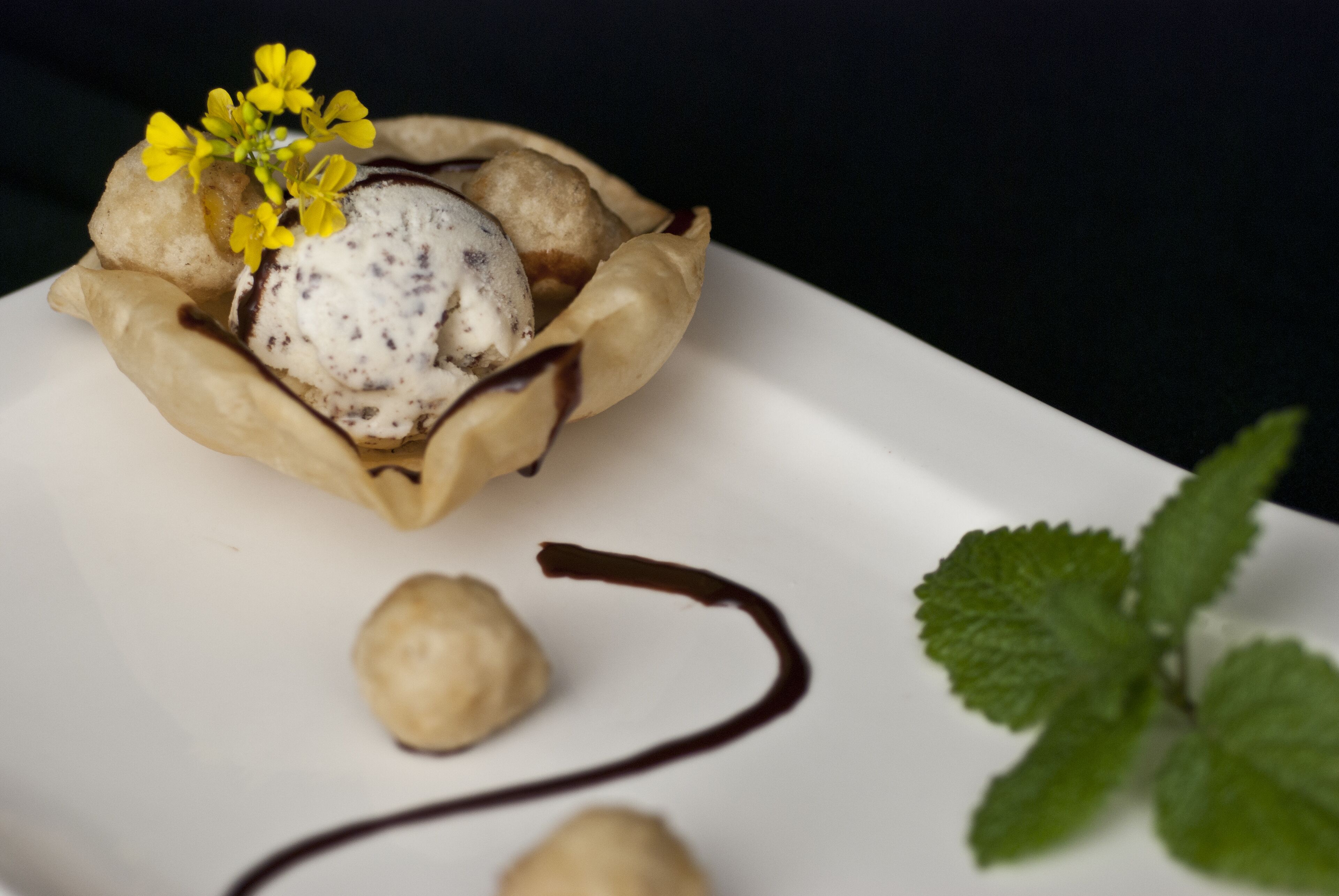 A dessert with a scoop of ice cream in a chocolate shell, accompanied by a small flower and a mint leaf.
