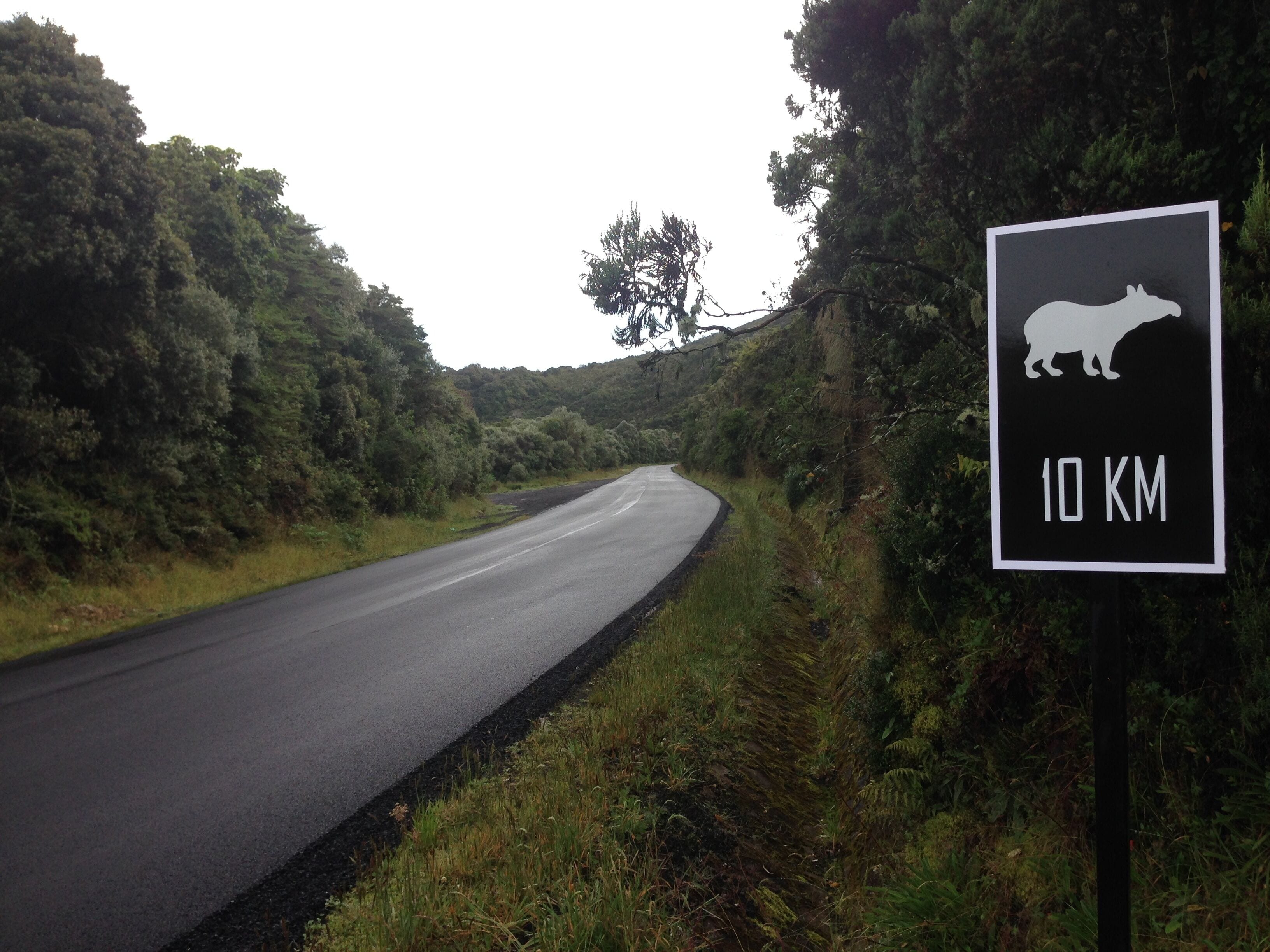 Señal de tráfico con símbolo de rinoceronte e indicación de '10 KM', que señala una zona de paso de rinocerontes.