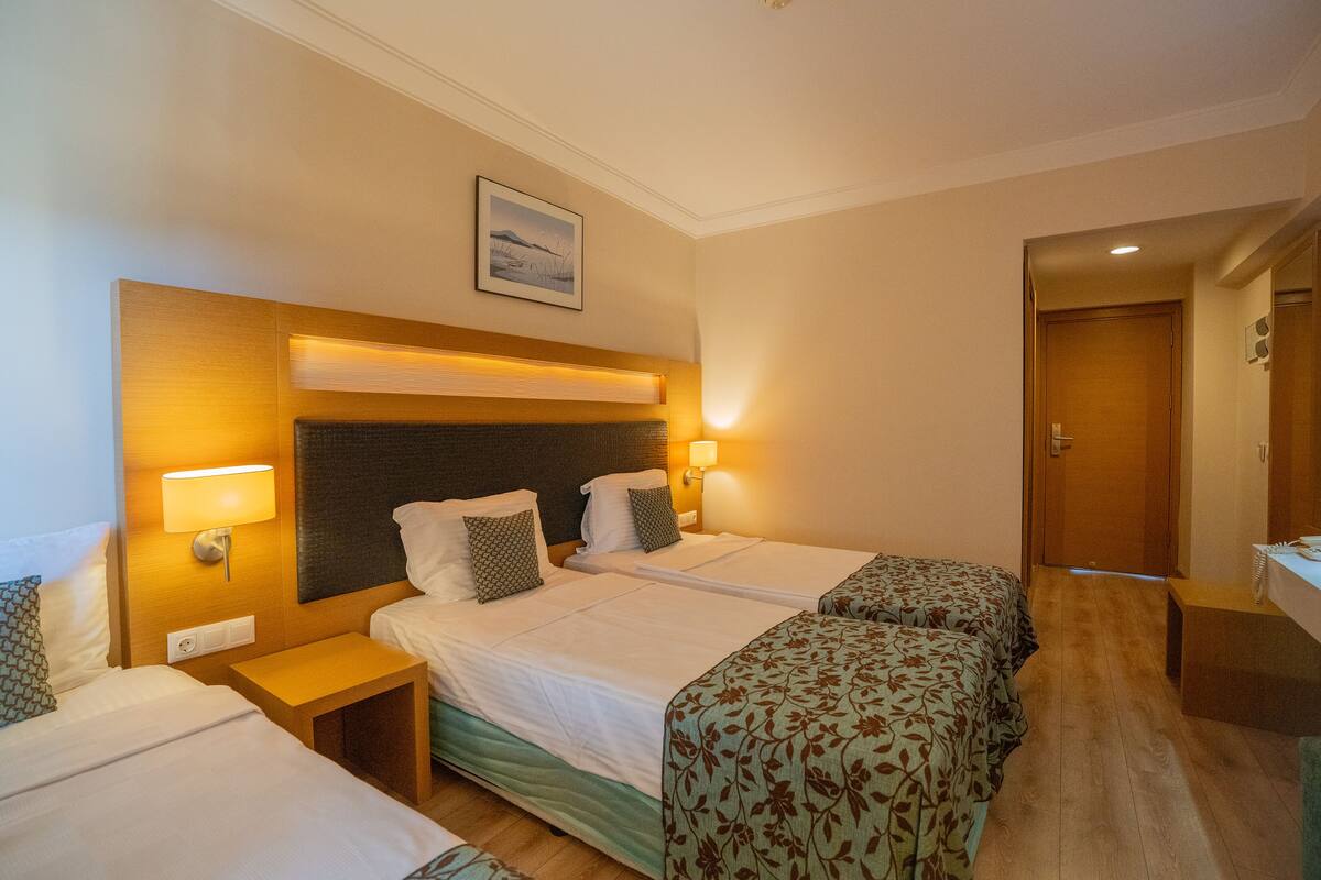 Habitació d'hotel amb dos llits, un capçal de fusta, tauletes de nit, una taula petita i un quadre al mur.