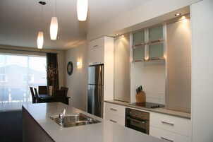 Full-size fridge, microwave, stovetop, dishwasher