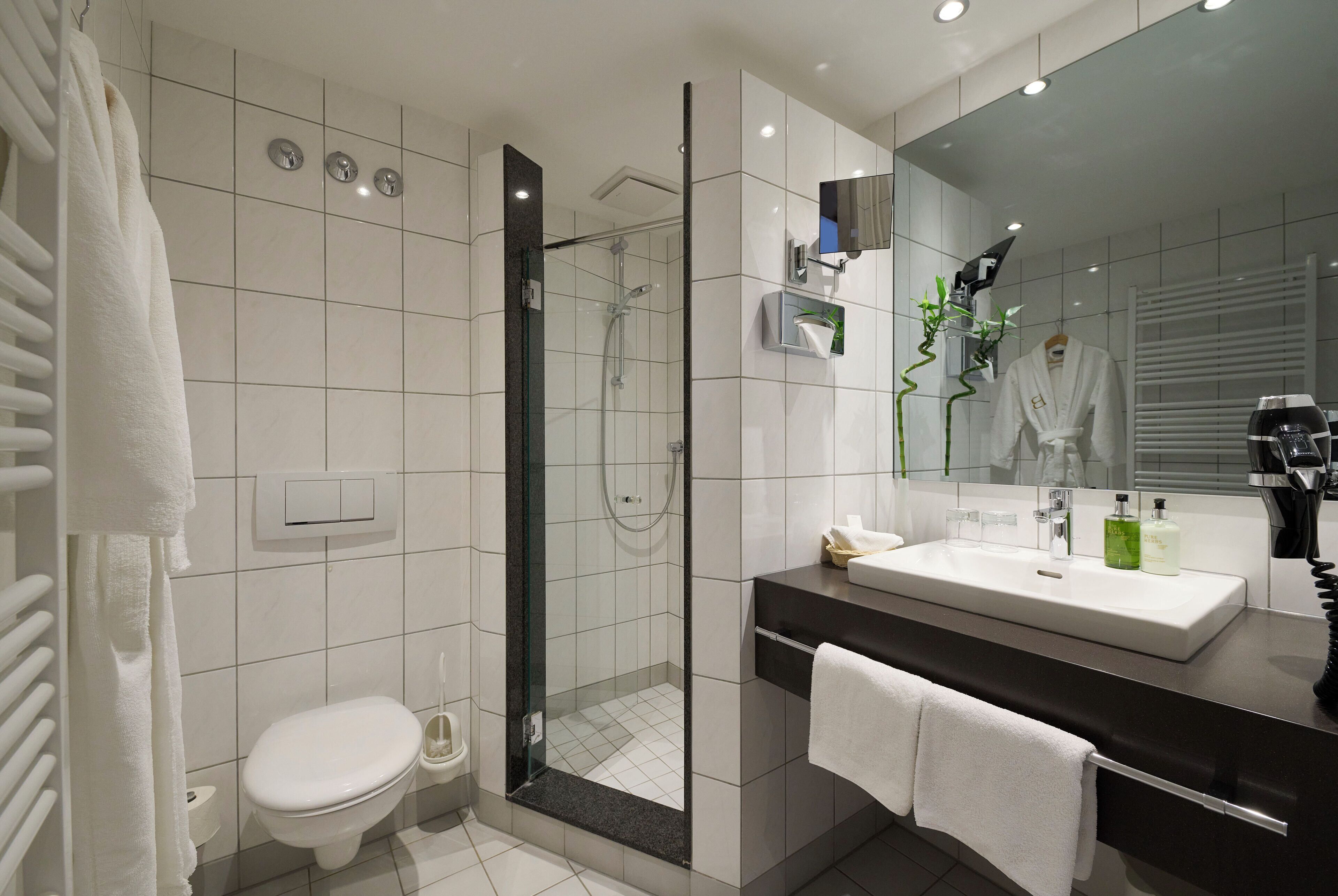 Ein modernes Badezimmer mit einer gläsernen Duschkabine, einer weißen Toilette, einem Waschbecken mit Spiegel und einem Handtuchhalter.