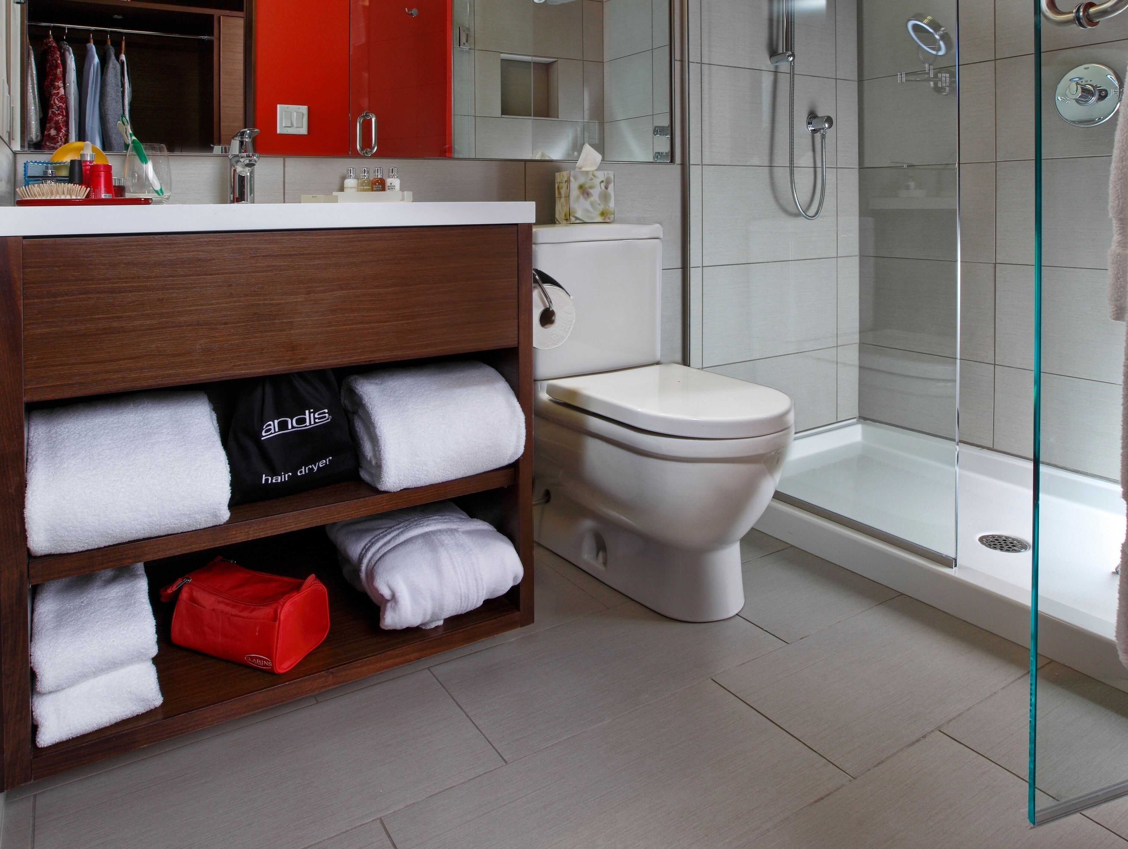 shower, rainfall showerhead, free toiletries, hair dryer