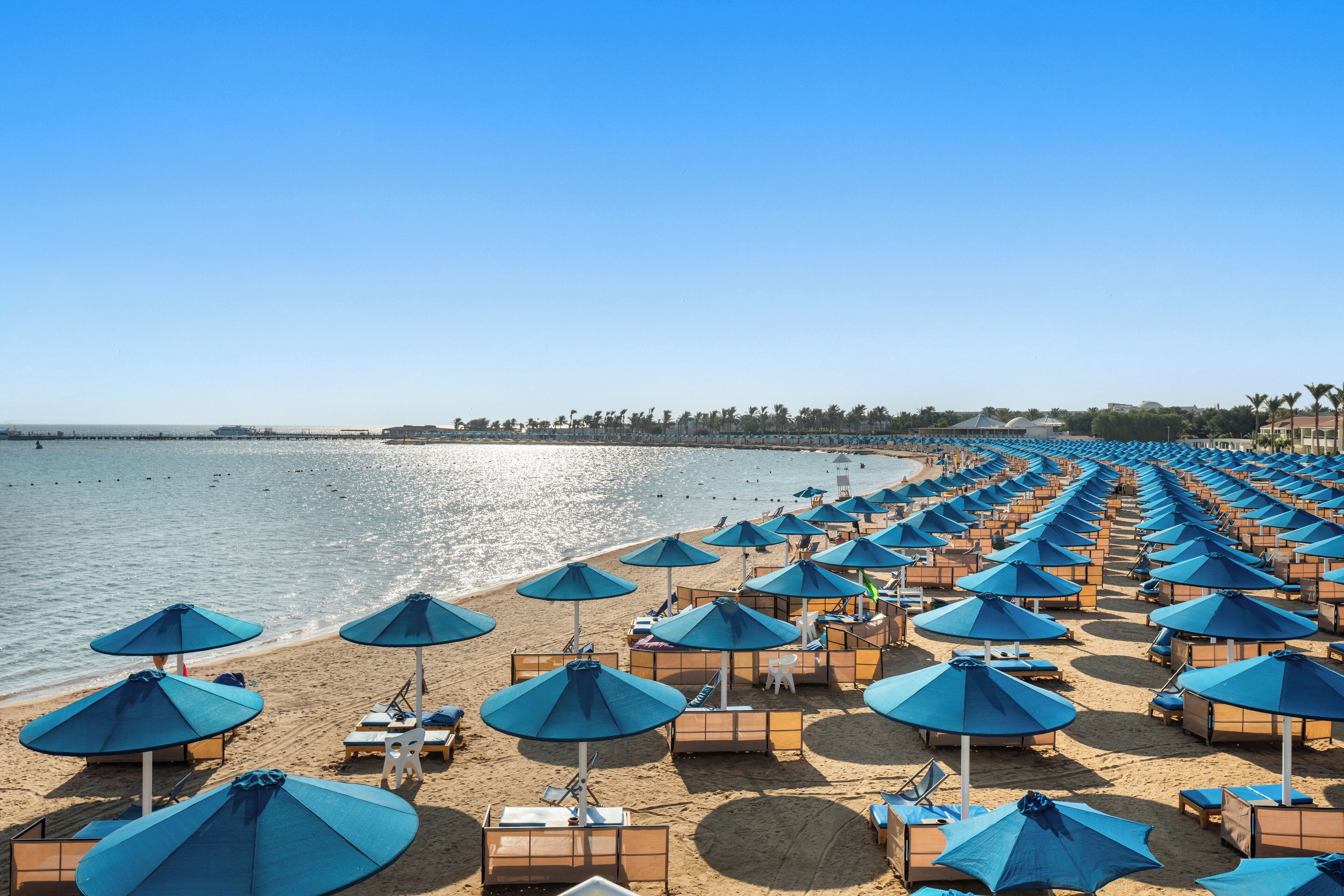 Une plage bordée de rangées de parasols bleus et de chaises longues, un ciel dégagé et une mer calme.