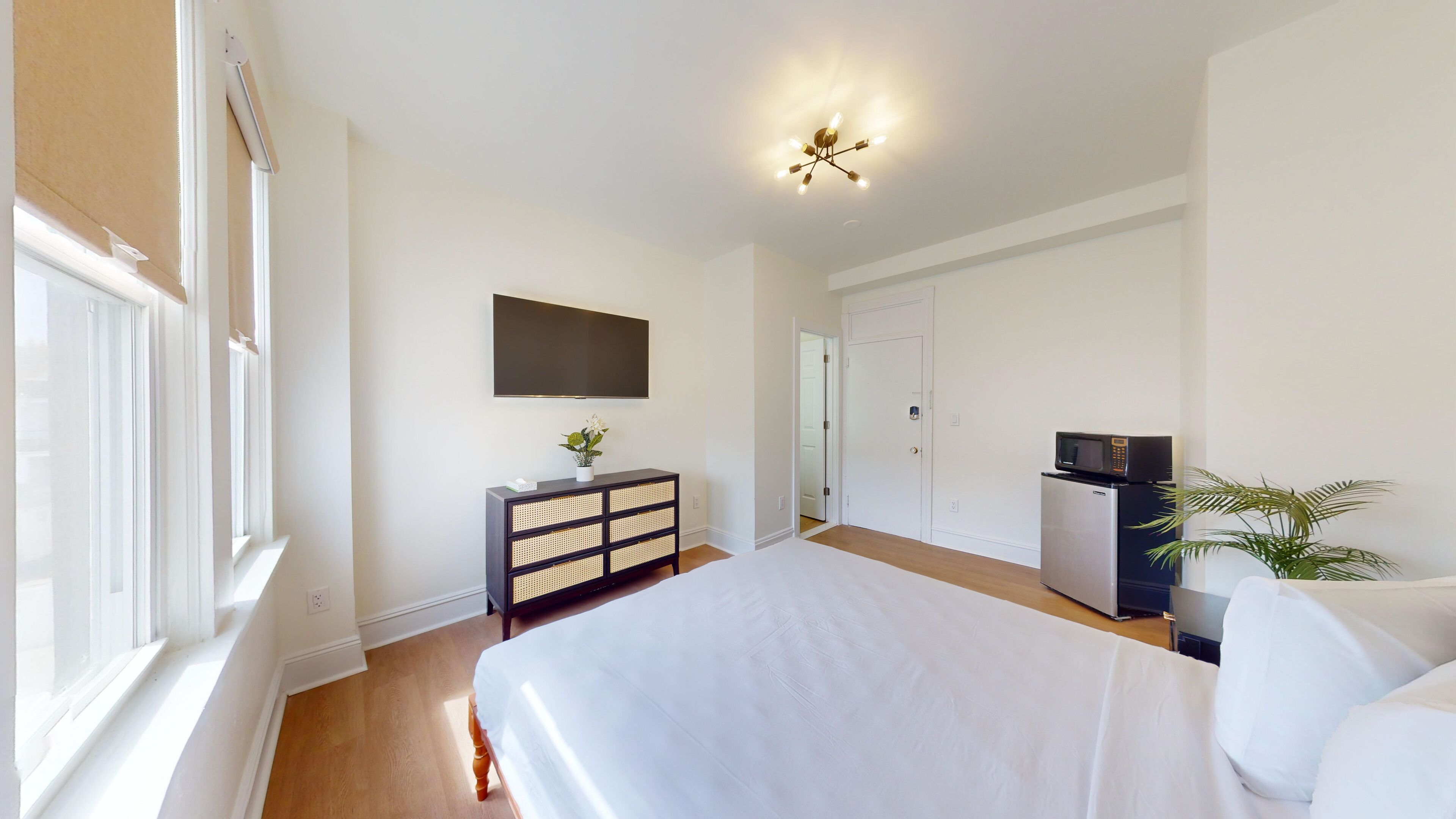 A bedroom with a bed, a dresser, a television, a refrigerator, and a potted plant.