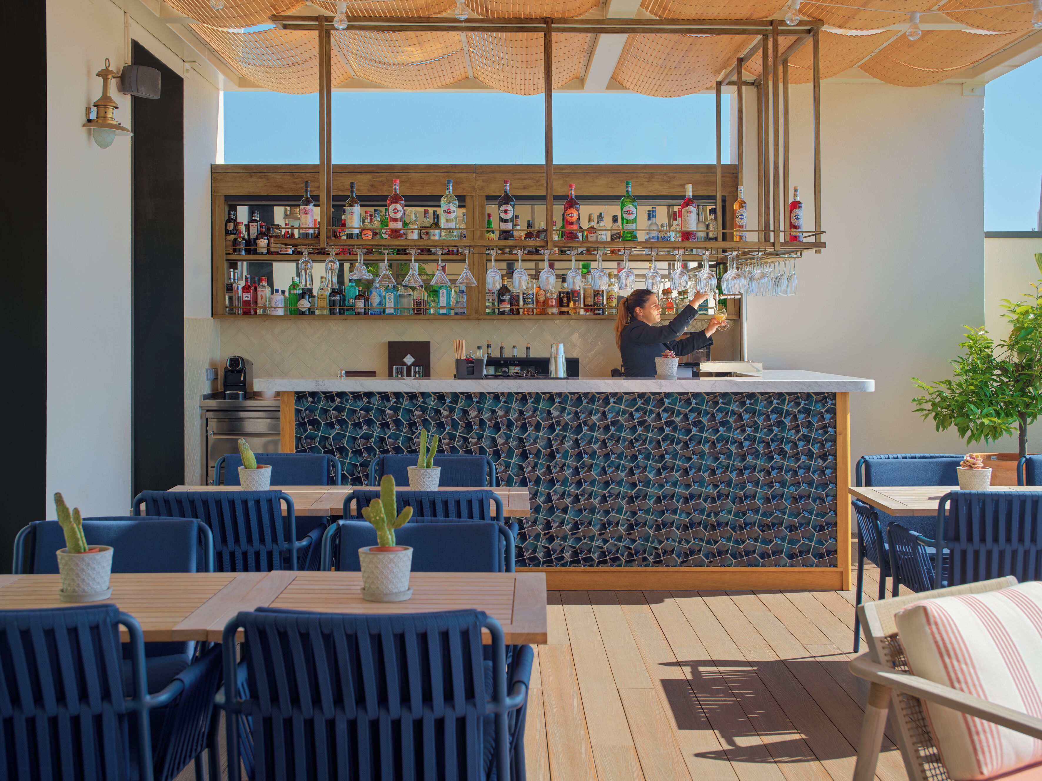 Zona de bar con diversas botellas de licores, un cantinero y asientos decorados con plantas en macetas.
