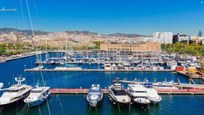 Un port de plaisance où sont amarrés de nombreux bateaux, une vue dégagée sur le paysage urbain en arrière-plan et un bâtiment imposant surmonté d’une tour horlogère.