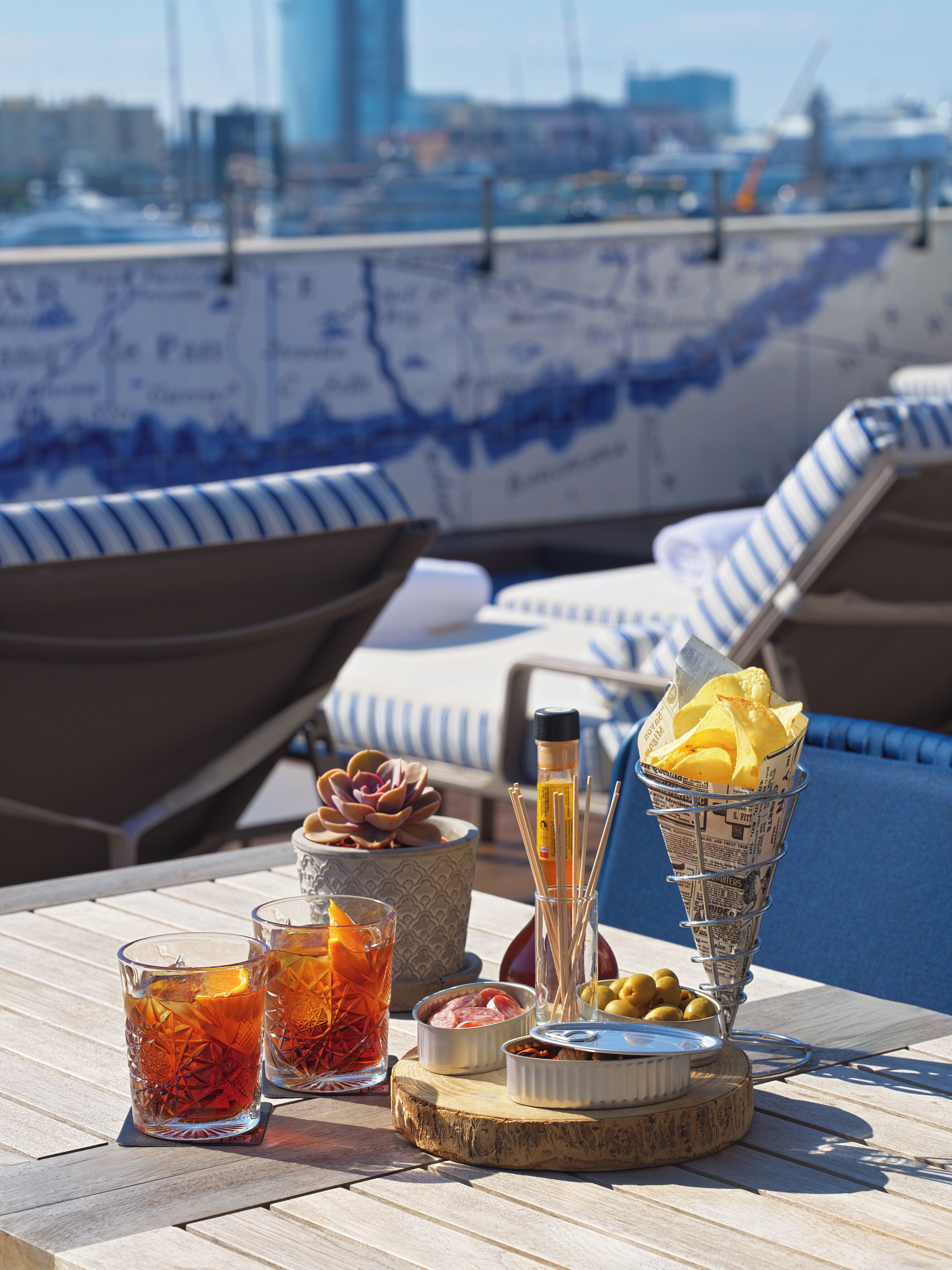 Een tafel met drankjes, hapjes en een sappige plant op een dek van een boot.
