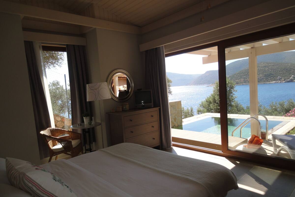 A bedroom with a large bed, a dresser, a mirror, and a view of a pool and mountains.