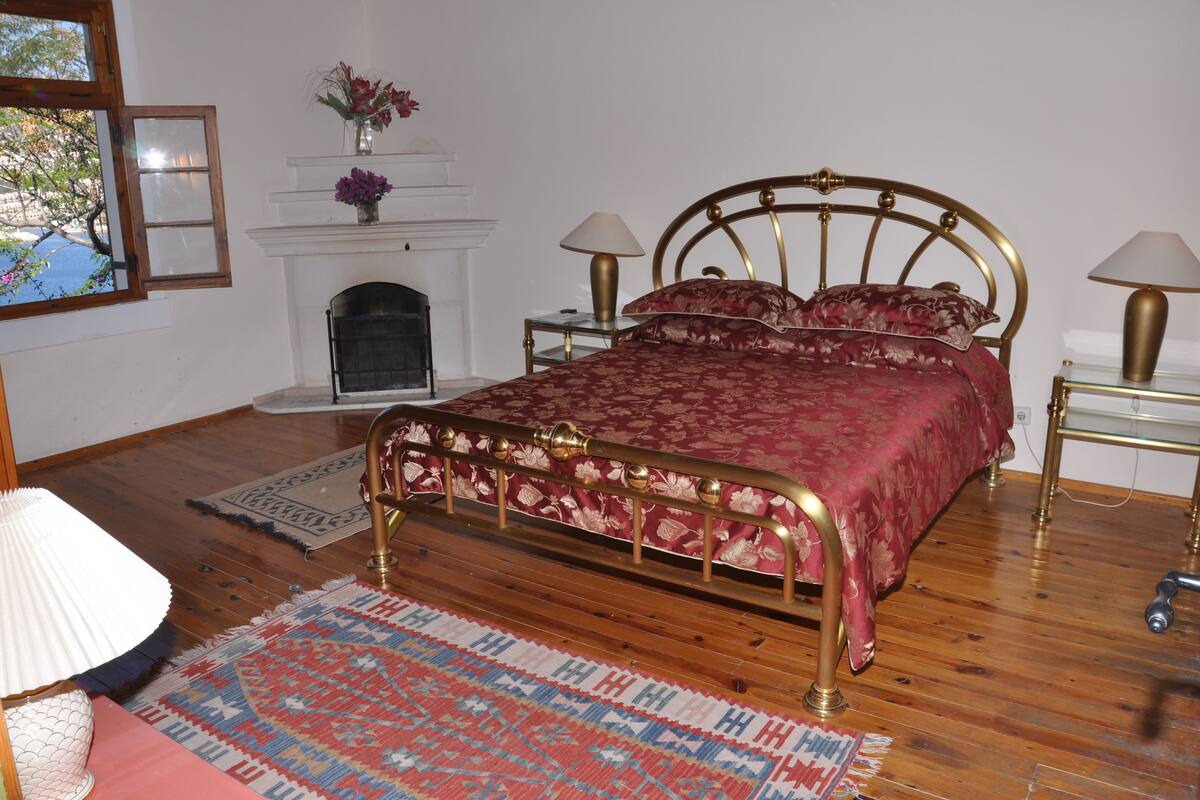 A bedroom with a wooden floor, a bed with a gold frame, two bedside tables with lamps, a fireplace, and a window with a view.