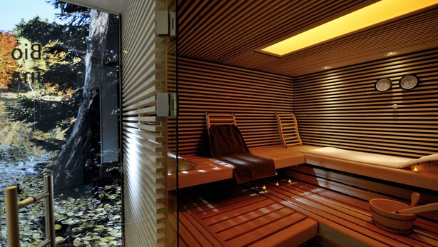 A sauna with wooden benches, a view of a waterfall, and a clock on the wall. - Landidyll Hotel-Restaurant Birkenhof (Klosterkumbd)