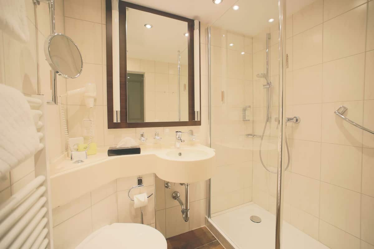 standard double room | bathroom | shower, free toiletries, hair dryer, bathrobes