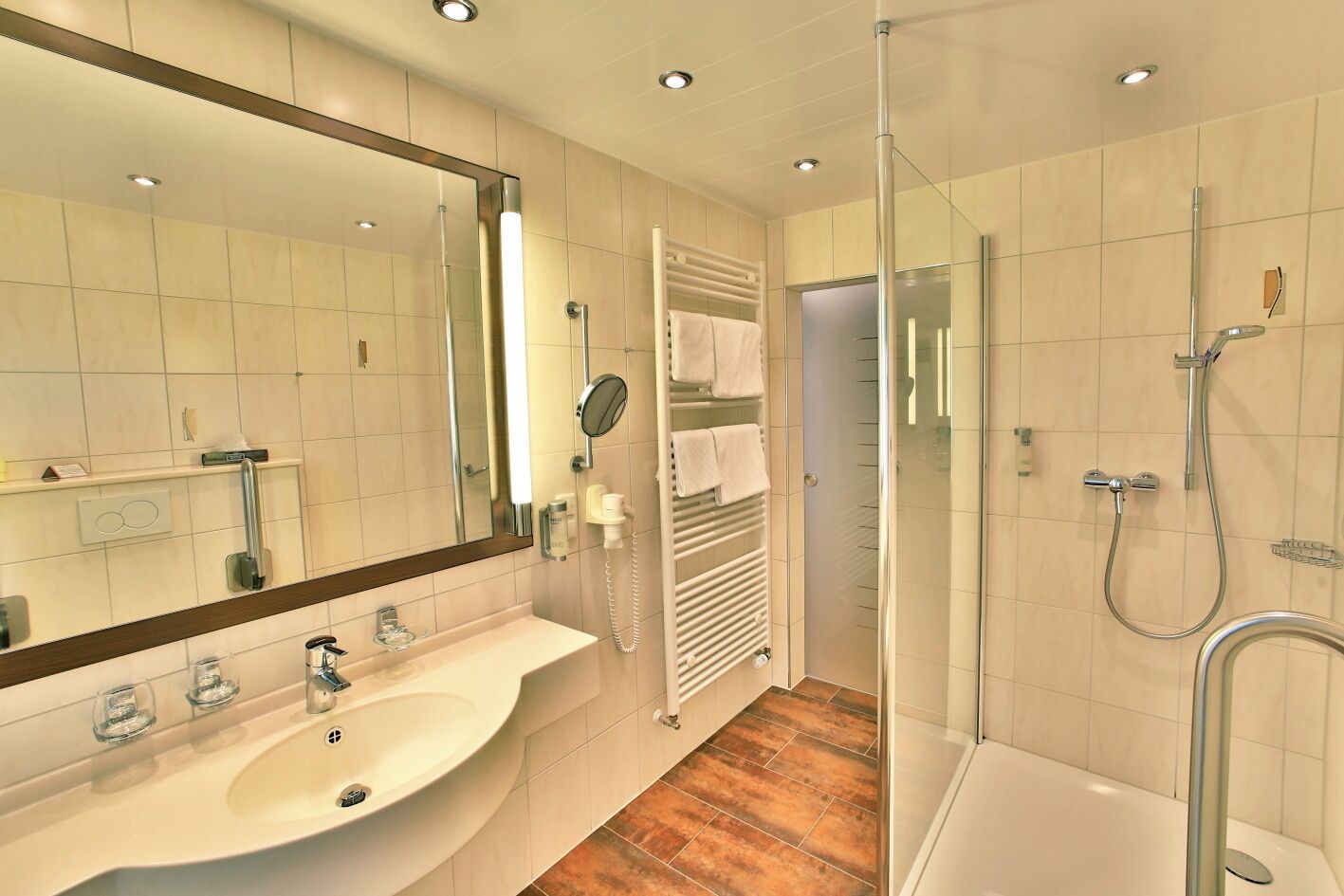 shower, free toiletries, hair dryer, bathrobes