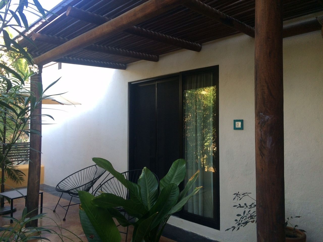 A covered patio area with a table and chairs, a large plant, and a window with a curtain.