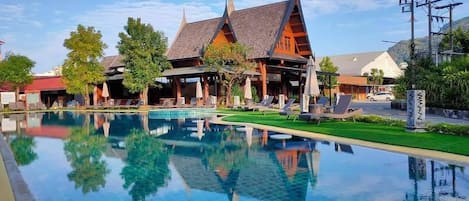 Outdoor pool, pool umbrellas, pool loungers