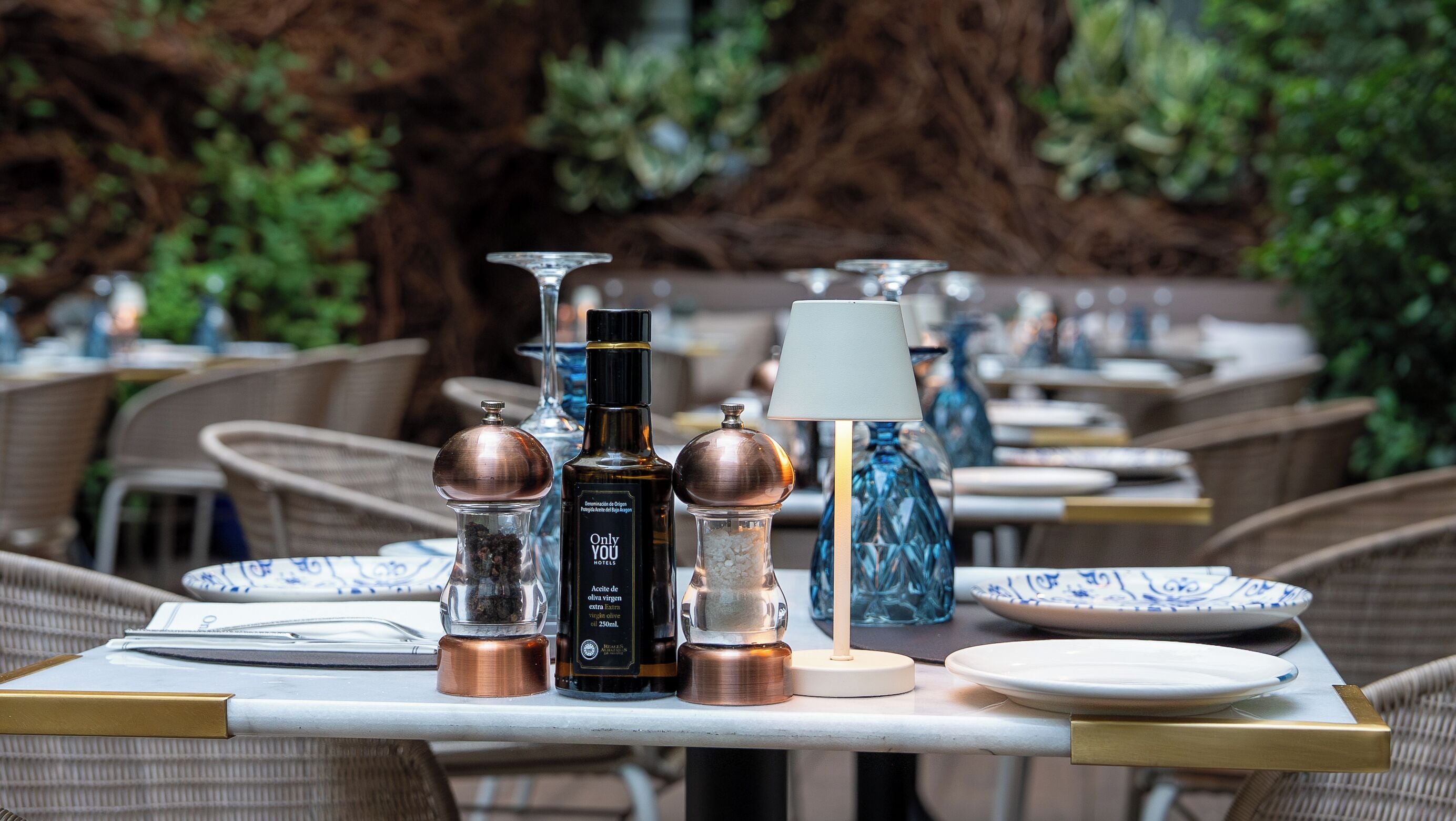 A table set with a bottle of olive oil, a salt and pepper shaker, a glass bottle, a lamp, and plates.