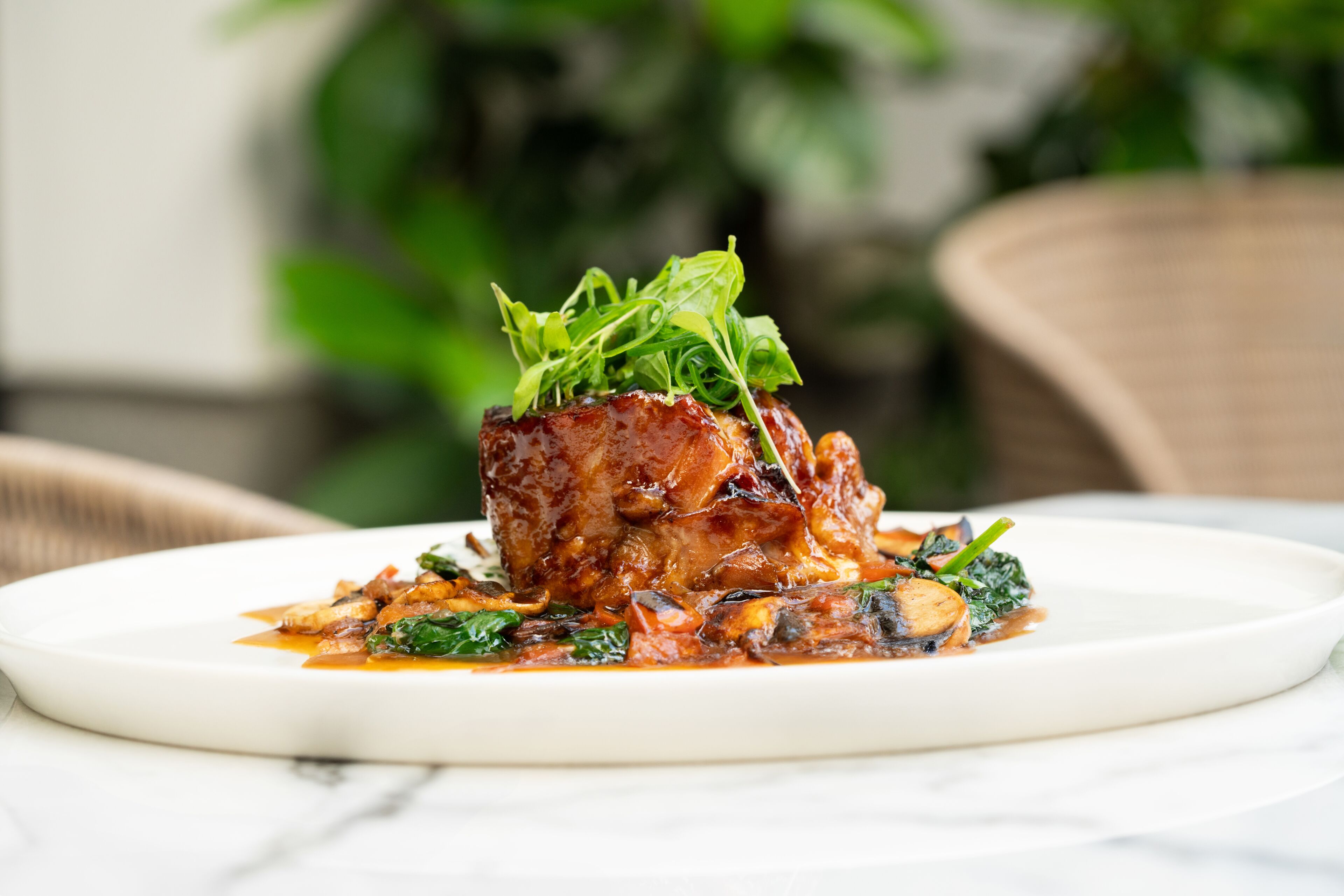 A plate of food with a meat dish, greens, and sauce on a white plate.