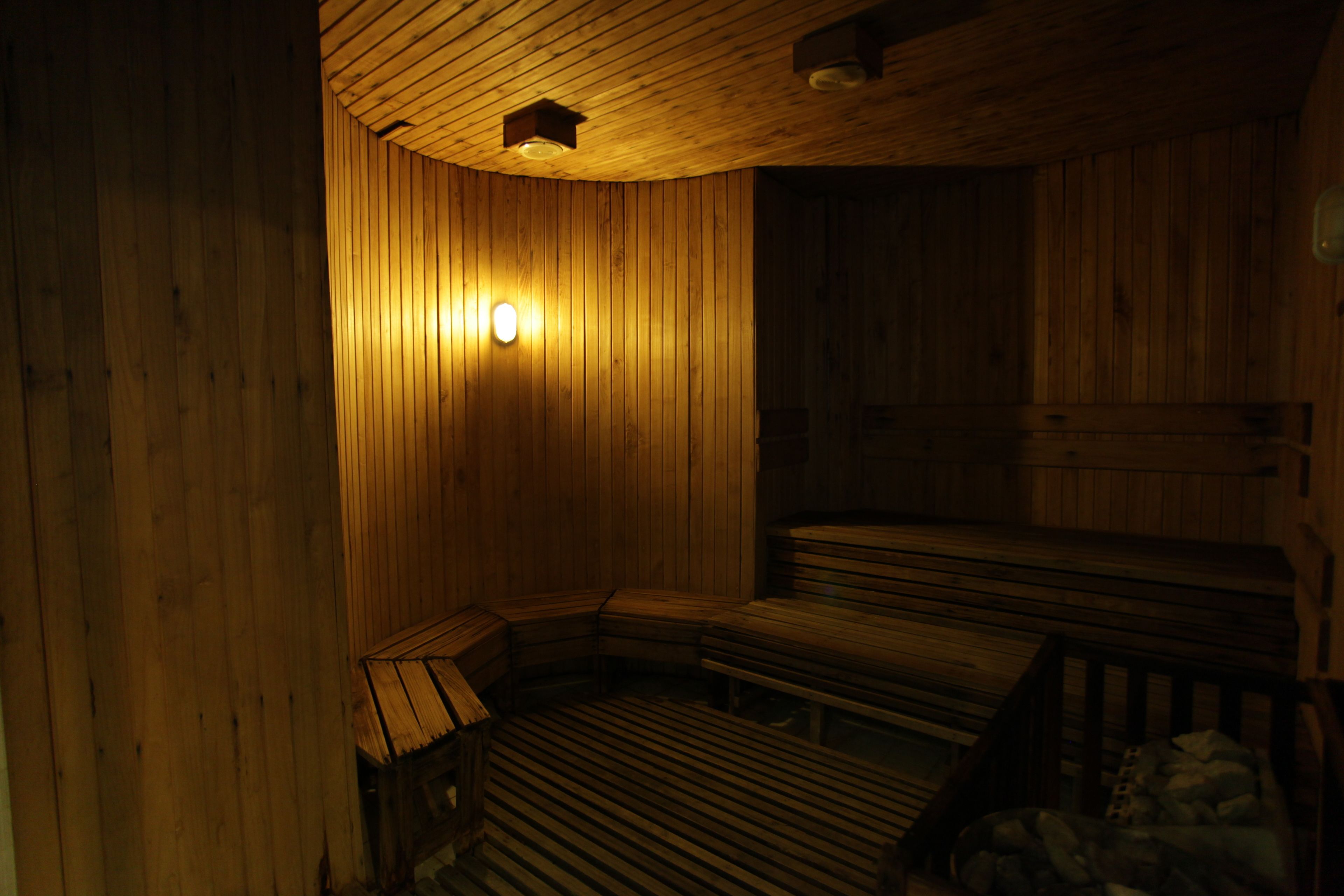 A sauna room with wooden walls and benches.