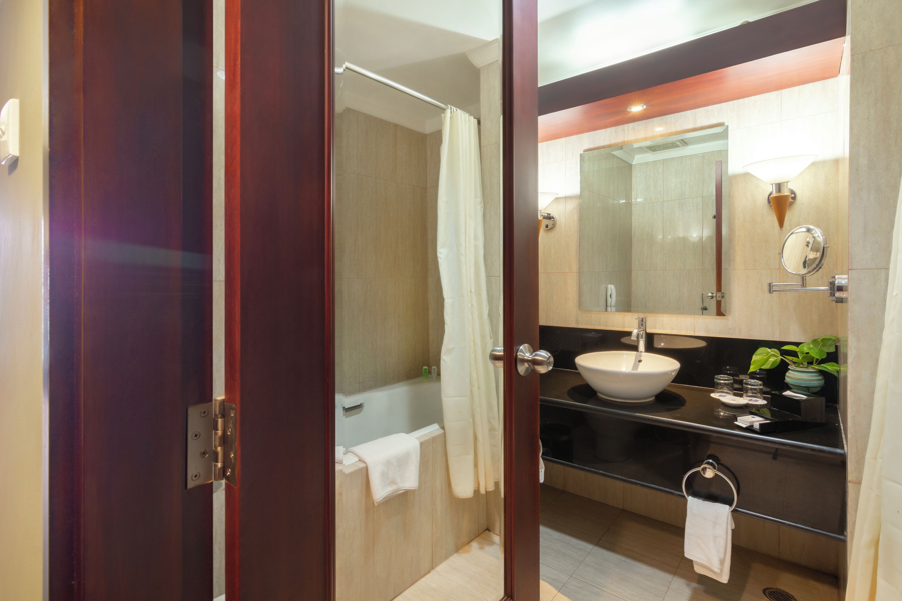 Un bagno moderno con una porta in legno, una vasca, un lavandino con uno specchio e una piccola pianta sul ripiano.