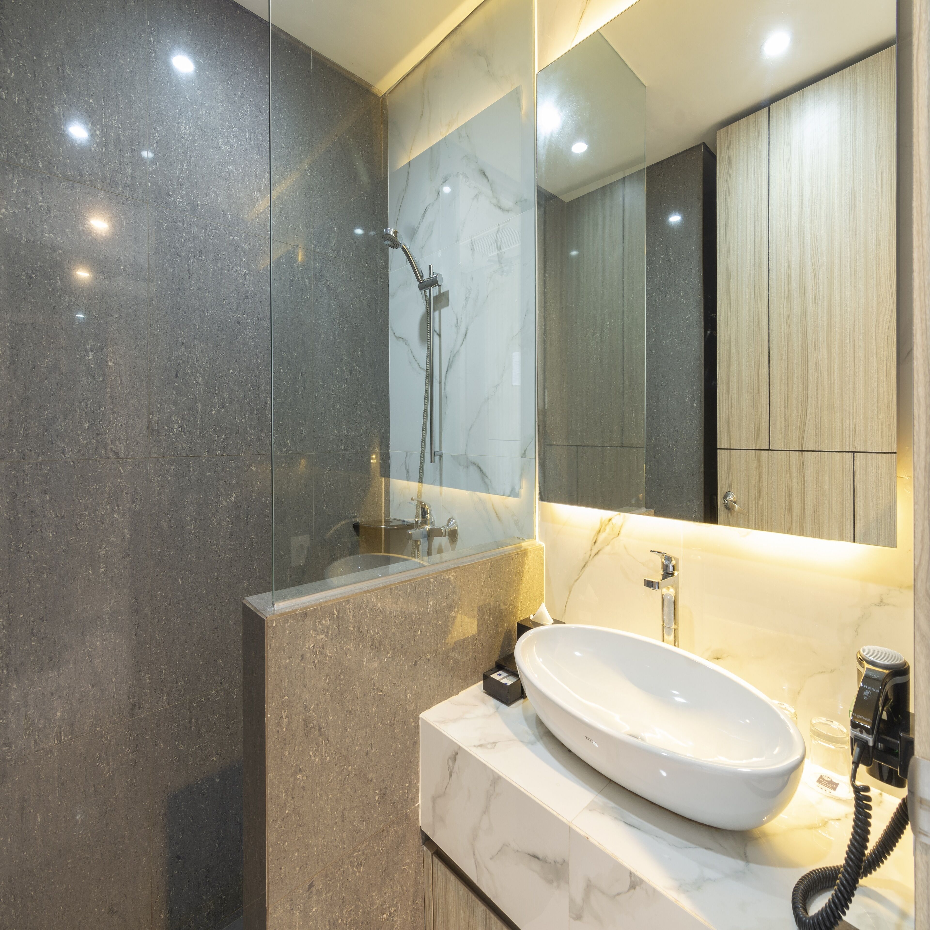 combined shower/bathtub, free toiletries, towels