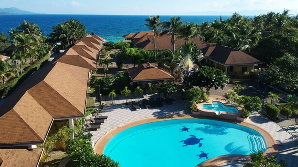 Un resort con piscina, palmeras y vista al océano.