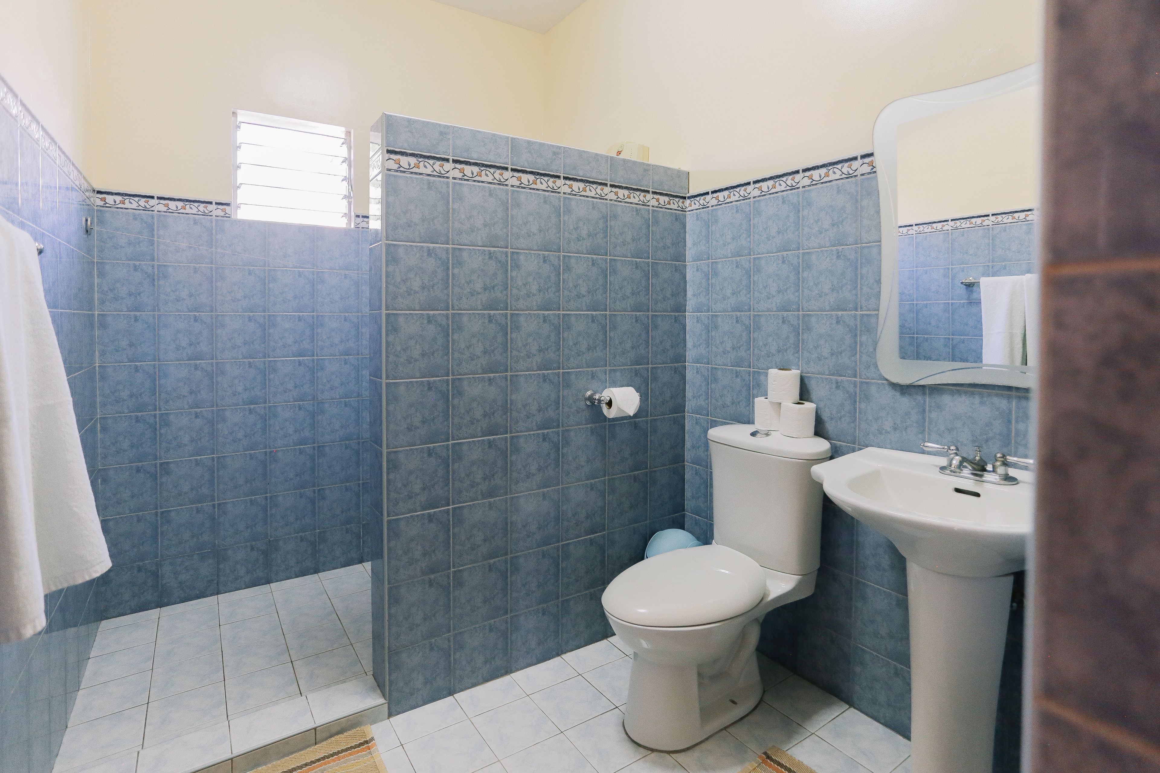 A bathroom with blue tiles, a toilet, a sink, and a mirror.
