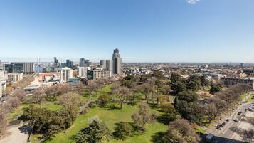 A cityscape with modern buildings, a park with trees, and a clear blue sky.